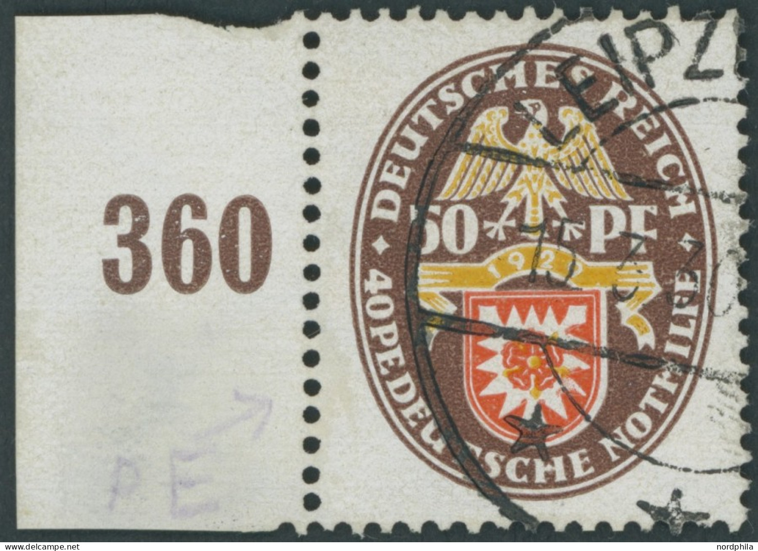 Dt. Reich 434I O, 1929, 50 Pf. Nothilfe Mit Plattenfehler +40 PE Statt PF, Linkes Randstück, Ein Kurzer Zahn Sonst Prach - Gebruikt