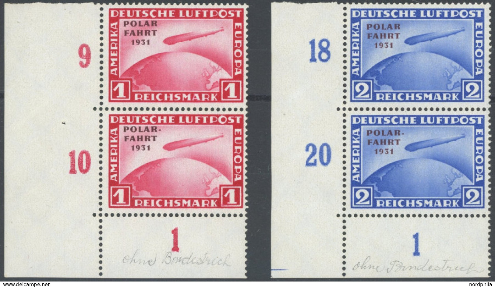 Dt. Reich 456/7I , 1931, 1 Und 2 RM Polarfahrt In Senkrechten Paaren Aus Der Linken Unteren Bogenecke, Die Oberen Marken - Altri & Non Classificati