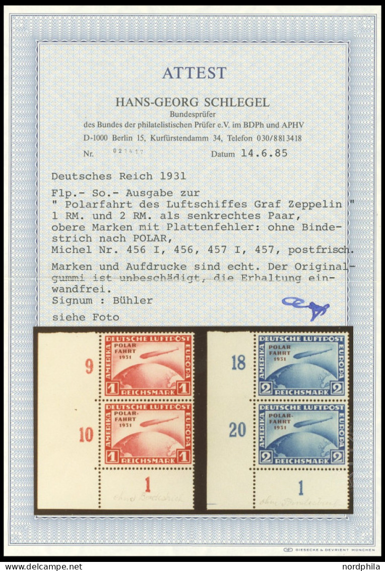 Dt. Reich 456/7I , 1931, 1 Und 2 RM Polarfahrt In Senkrechten Paaren Aus Der Linken Unteren Bogenecke, Die Oberen Marken - Andere & Zonder Classificatie