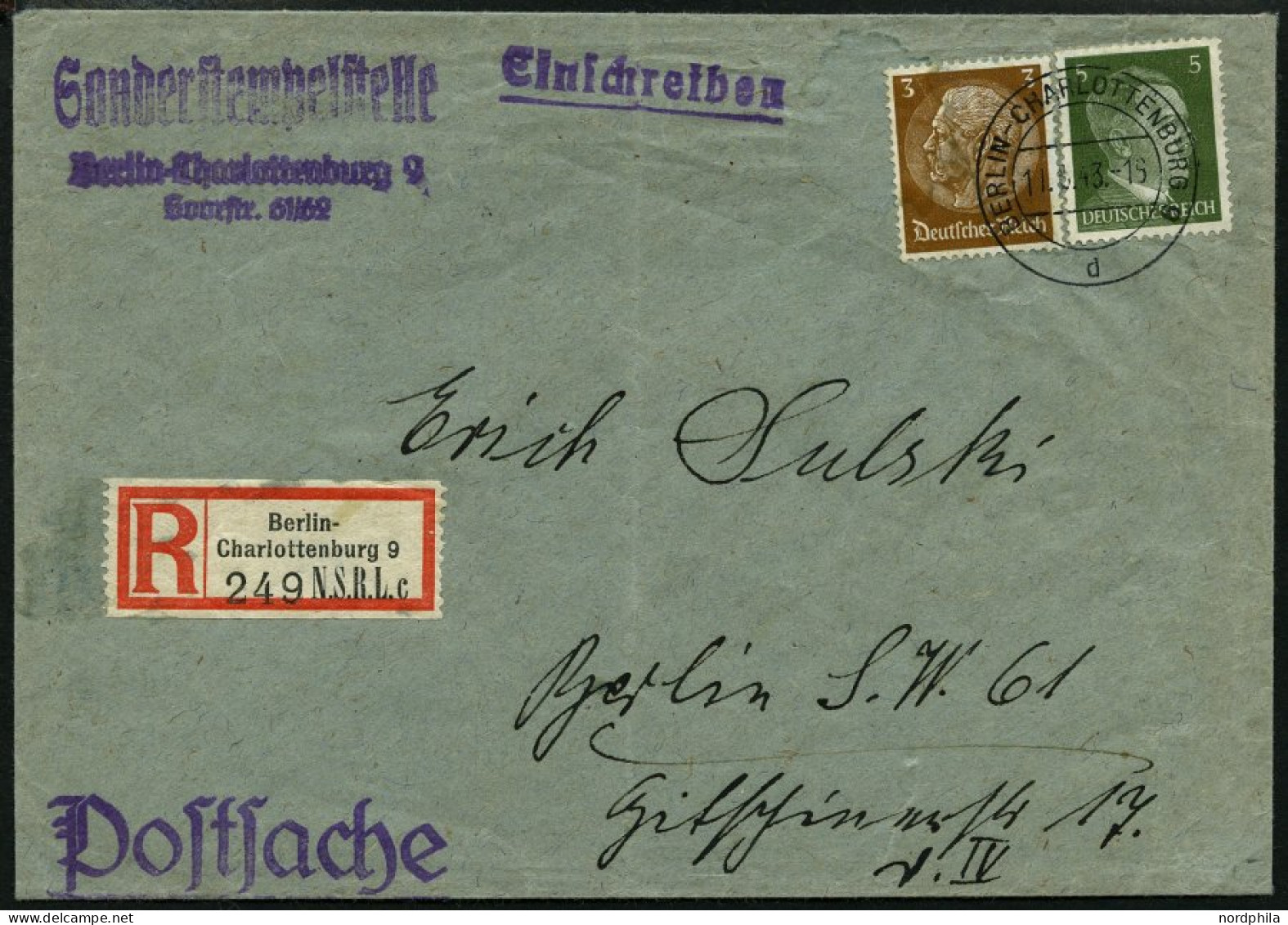 Dt. Reich 513,784 BRIEF, 1943, 3 Pf. Hindenburg Und 5 Pf. Hitler Auf Postsache-Einschreiben Aus BERLIN-CHARLOTTENBURG, O - Briefe U. Dokumente