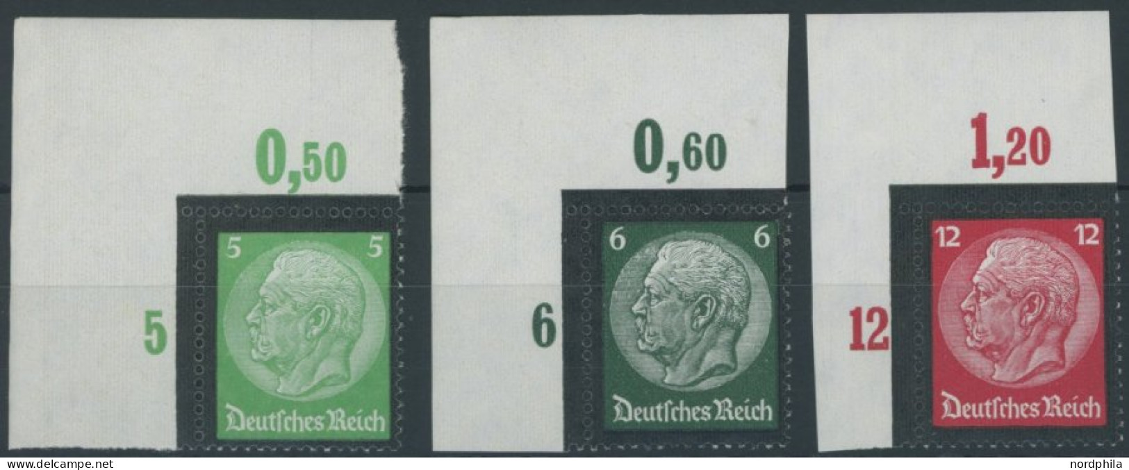 Dt. Reich 549/50,552POR , 1934, 5, 6 Und 12 Pf. Hindenburg-Trauer, Plattendruck, Je Aus Der Linken Oberen Bogenecke, Pos - Ungebraucht