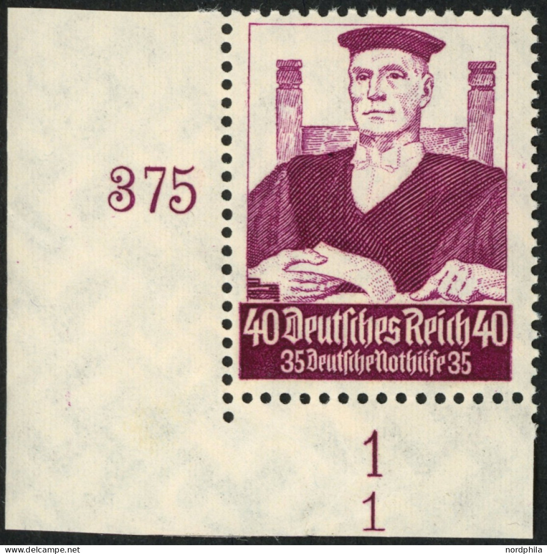 Dt. Reich 564 , 1934, 40 Pf. Stände, Untere Linke Bogenecke Mit Form Nr. 1, Bogenrand Teils Stark Haftend, Marke Postfri - Sonstige & Ohne Zuordnung