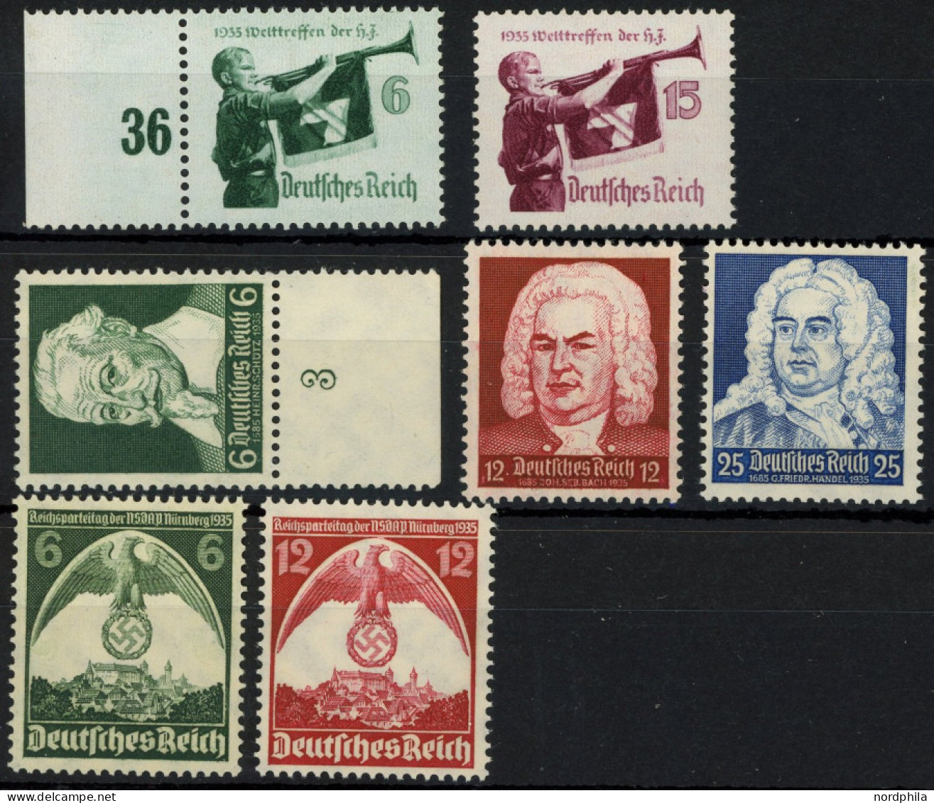 Dt. Reich 573-75,584-87 , 1935, Schütz-, Bach-, Händel-Feier, Hitlerjugend, Reichsparteitag, 3 Postfrische Prachtsätze,  - Sonstige & Ohne Zuordnung