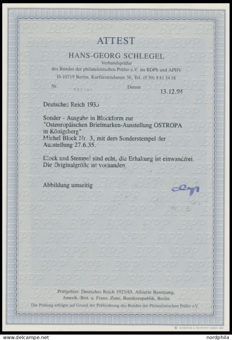 Dt. Reich Bl. 3 O, 1935, Block OSTROPA, Sonderstempel, Pracht, Fotoattest H.G. Schlegel, Mi. 1100.- - Blocs