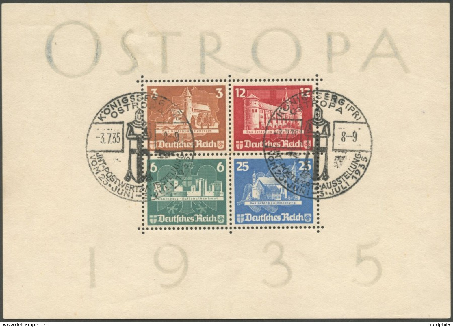 Dt. Reich Bl. 3 O, 1935, Block OSTROPA, Sonderstempel, Wasserzeichen Gebrochen, Marken Pracht, Mi. 1100.- - Sonstige & Ohne Zuordnung