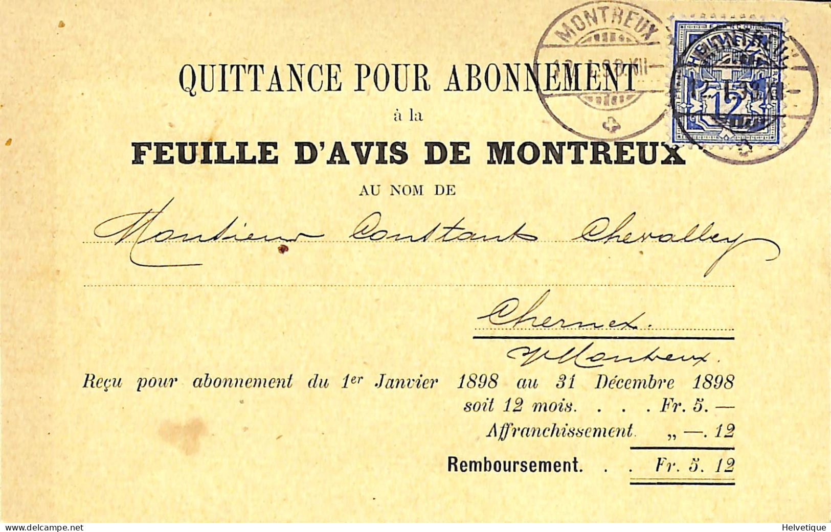 Abonnement Feuille D'avis De Montreux 1889 Chernex Chevalley Quittance - Schweiz