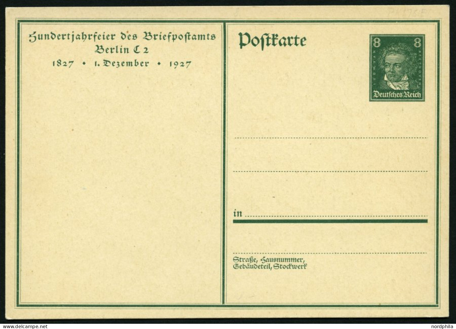 GANZSACHEN P 179 BRIEF, 1927, 8 Pf. Beethoven 100-Jahr-Feier Des Briefpostamtes Berlin, Ungebraucht, Pracht, Mi. 55.- - Andere & Zonder Classificatie