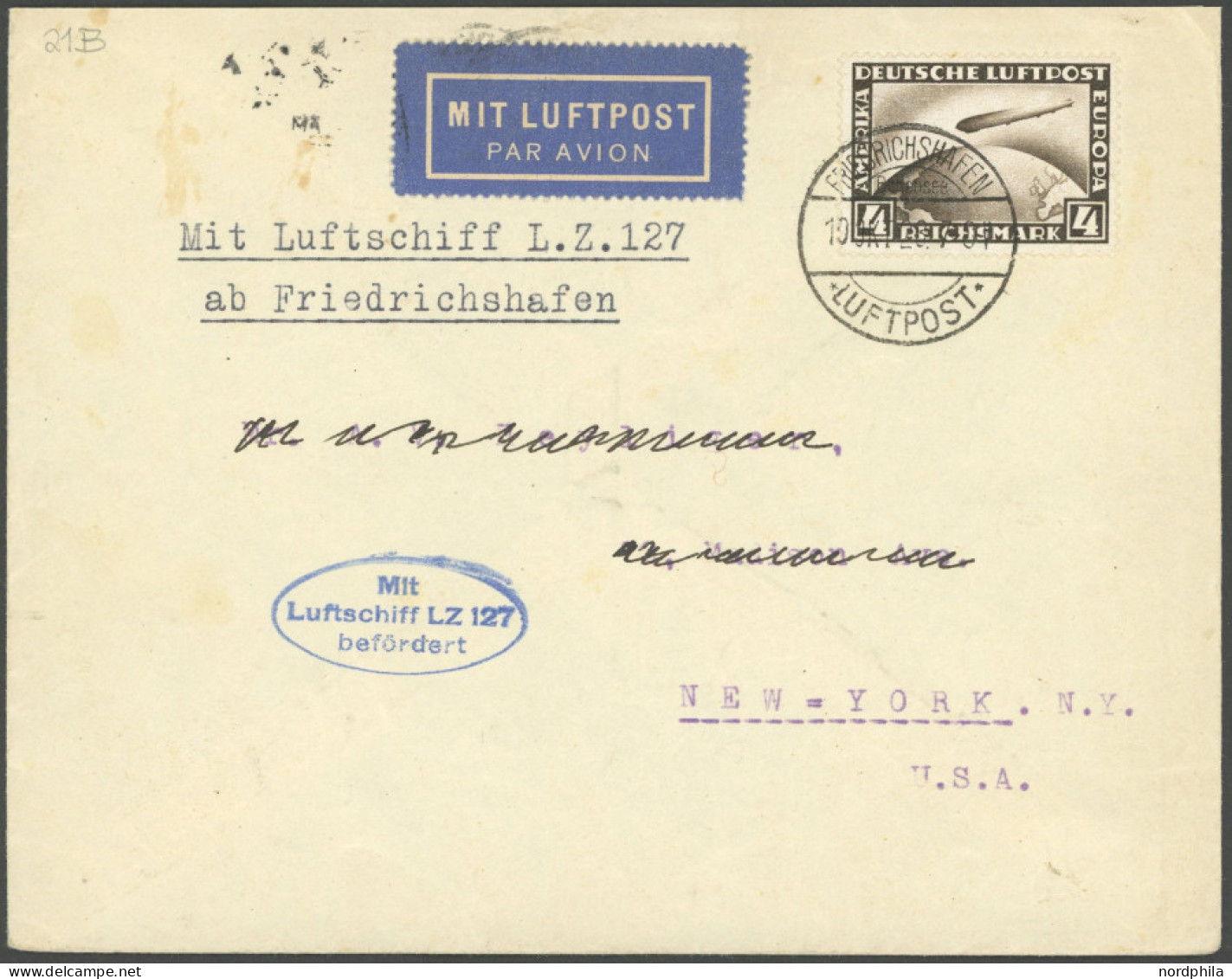 ZEPPELINPOST 21B BRIEF, 1928, Amerikafahrt, Prachtbrief Mit 4 RM Zeppelinmarke - Luft- Und Zeppelinpost