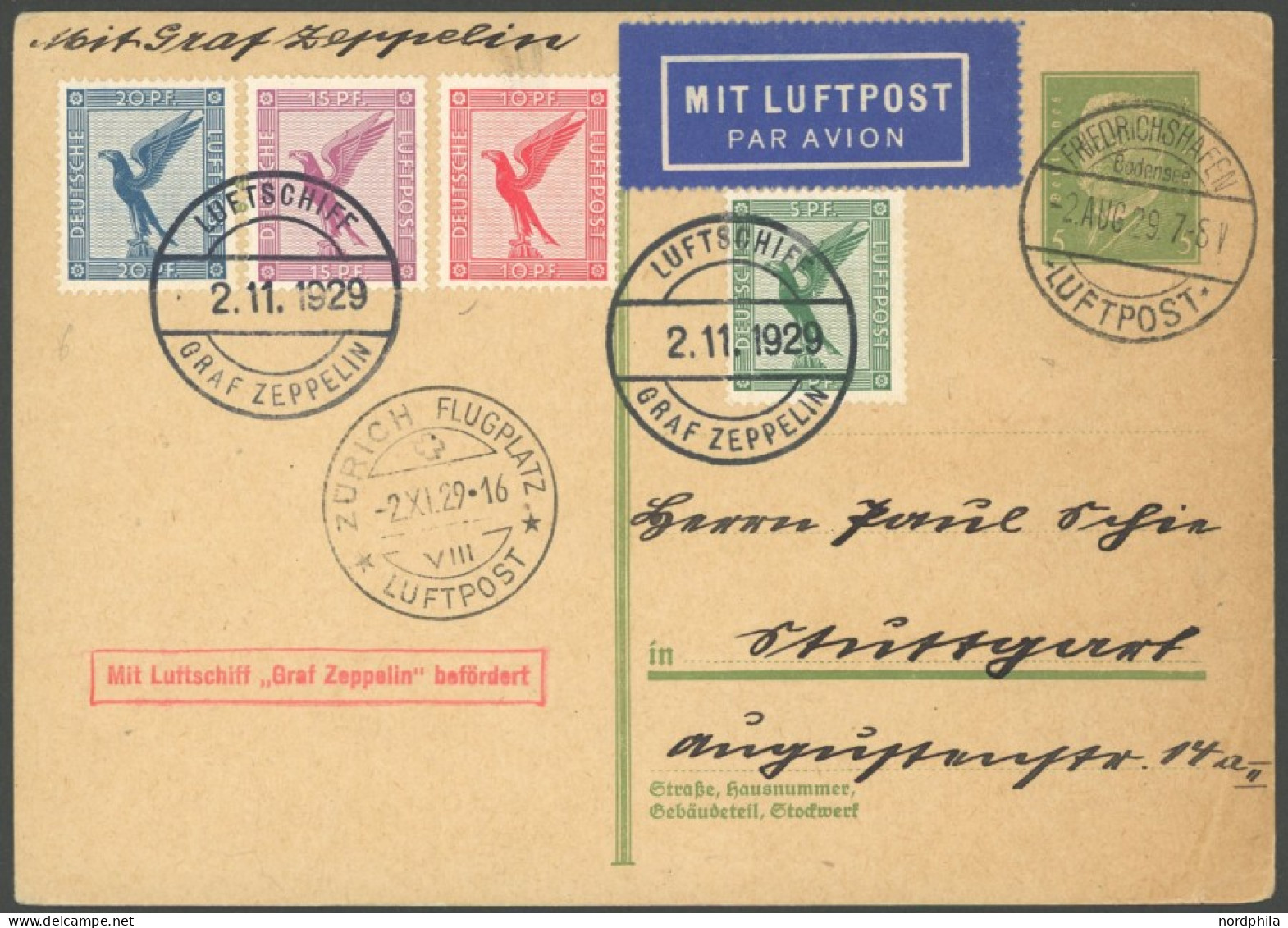 ZEPPELINPOST 45A BRIEF, 1929, Fahrt Nach Zürich-Dübendorf, 5 Pf. Ganzsachenkarte Mit Auflieferung Friedrichshafen, Die Z - Luft- Und Zeppelinpost