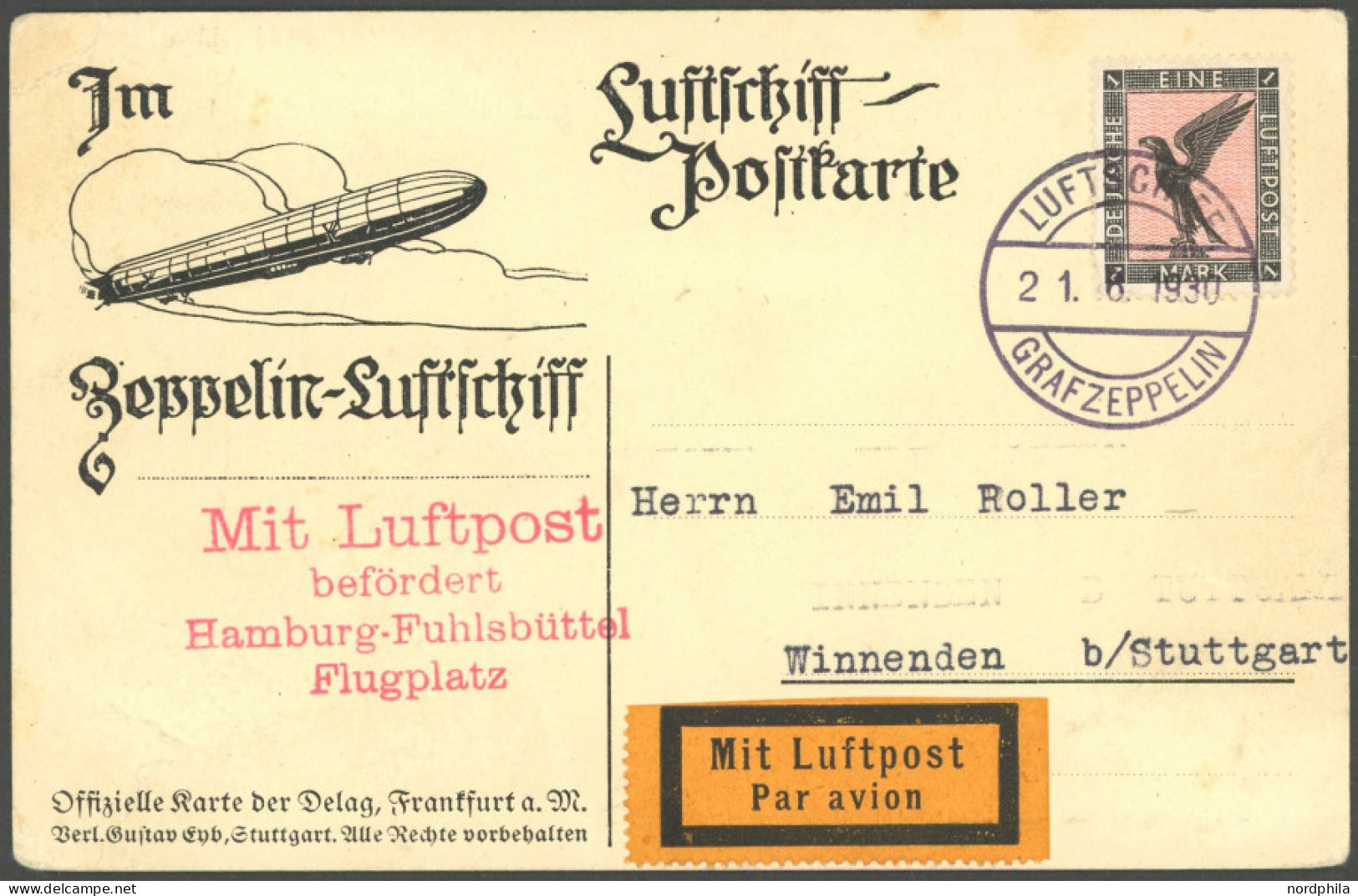 ZEPPELINPOST 68Ab BRIEF, 1930, Deutschlandfahrt, Bordpost, Friedrichshafen-München, München-Berlin, Berlin-Hamburg, Prac - Luft- Und Zeppelinpost