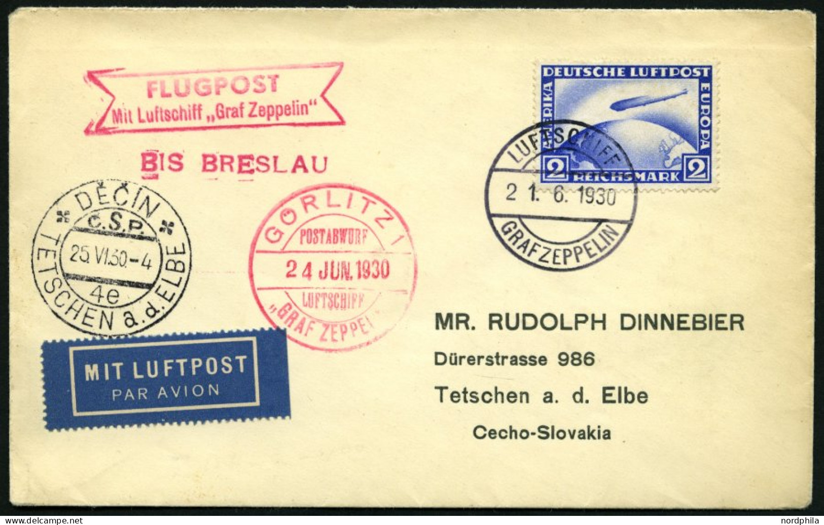 ZEPPELINPOST 69Bb BRIEF, 1930, Schlesienrundfahrt, Abwurf Görlitz, Bordpost, Frankiert Mit 2 RM, Prachtbrief Nach Tetsch - Zeppeline