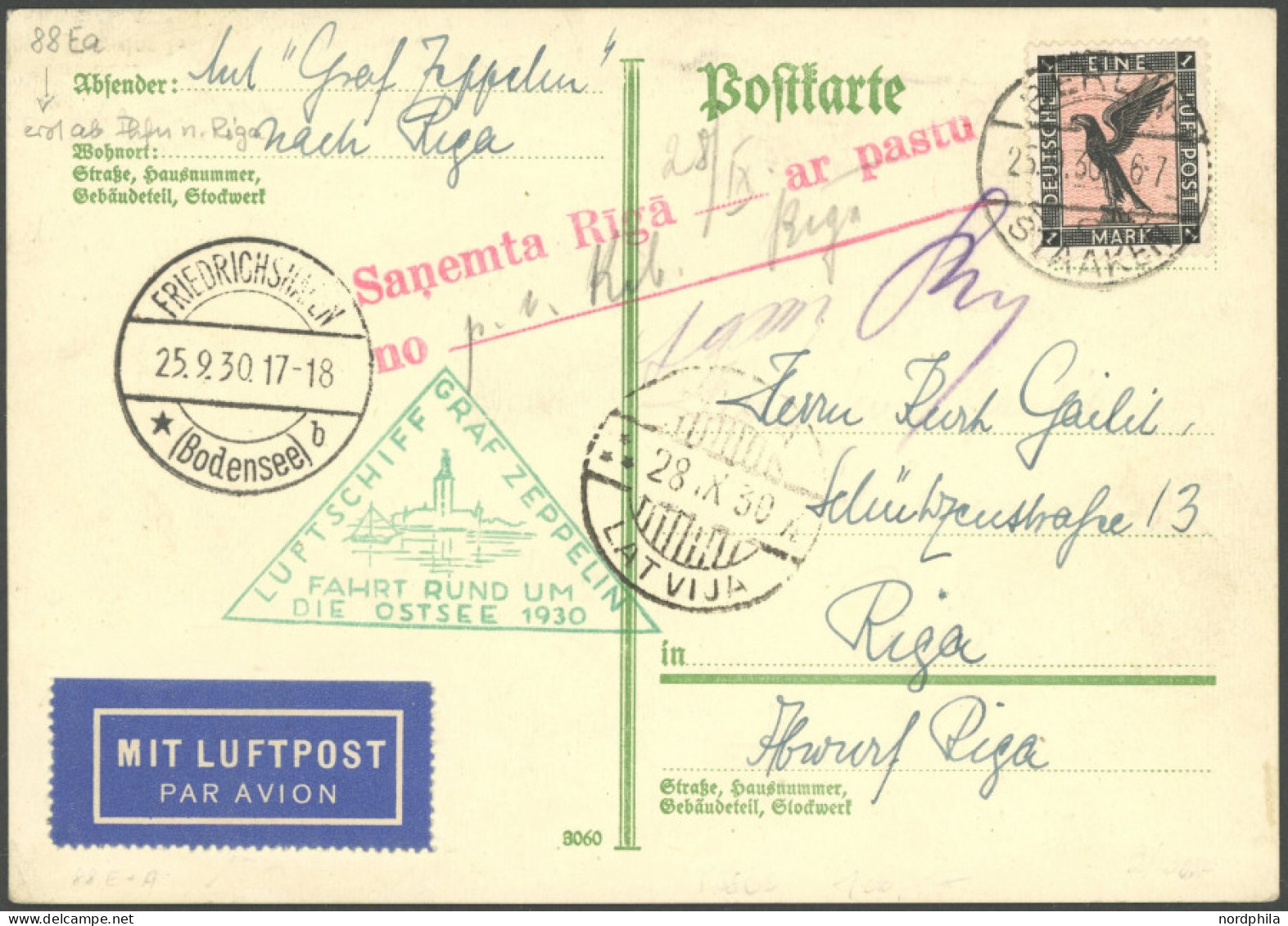 ZEPPELINPOST 88Ea BRIEF, 1930, Ostseefahrt, Rückfahrt, Auflieferung Berlin, Prachtkarte - Luft- Und Zeppelinpost