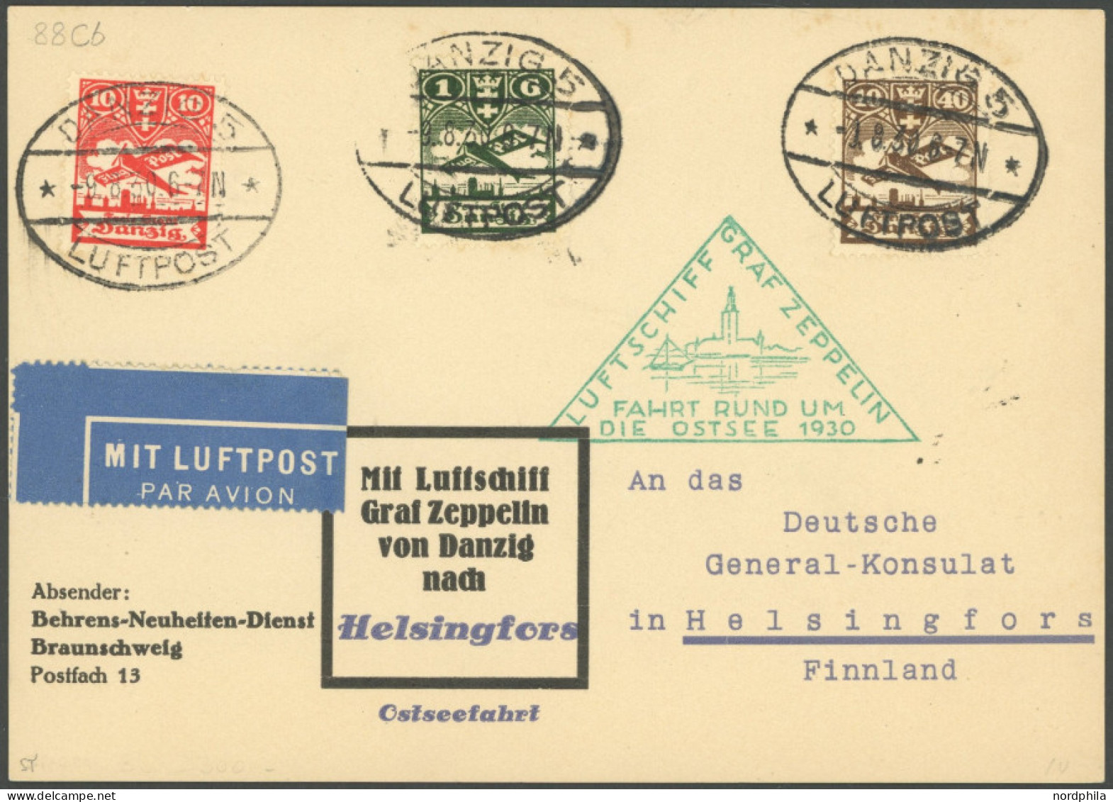 ZULEITUNGSPOST 88 BRIEF, Danzig: 1930, Ostseefahrt, Private Luftschiffkarte, Pracht, Sieger Unbekannt!, Ohne Ankunftsste - Correo Aéreo & Zeppelin