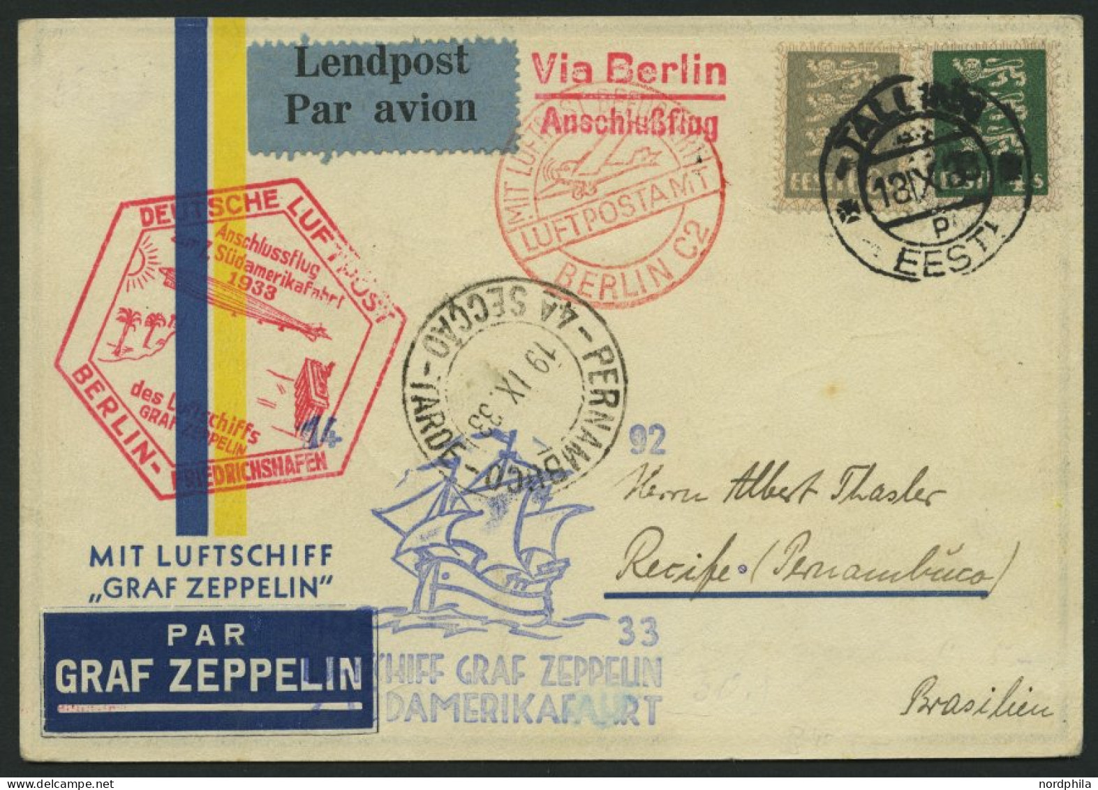 ZULEITUNGSPOST 232B BRIEF, Estland: 1933, 7. Südamerikafahrt, Anschlußflug Ab Berlin, Prachtkarte - Zeppelins