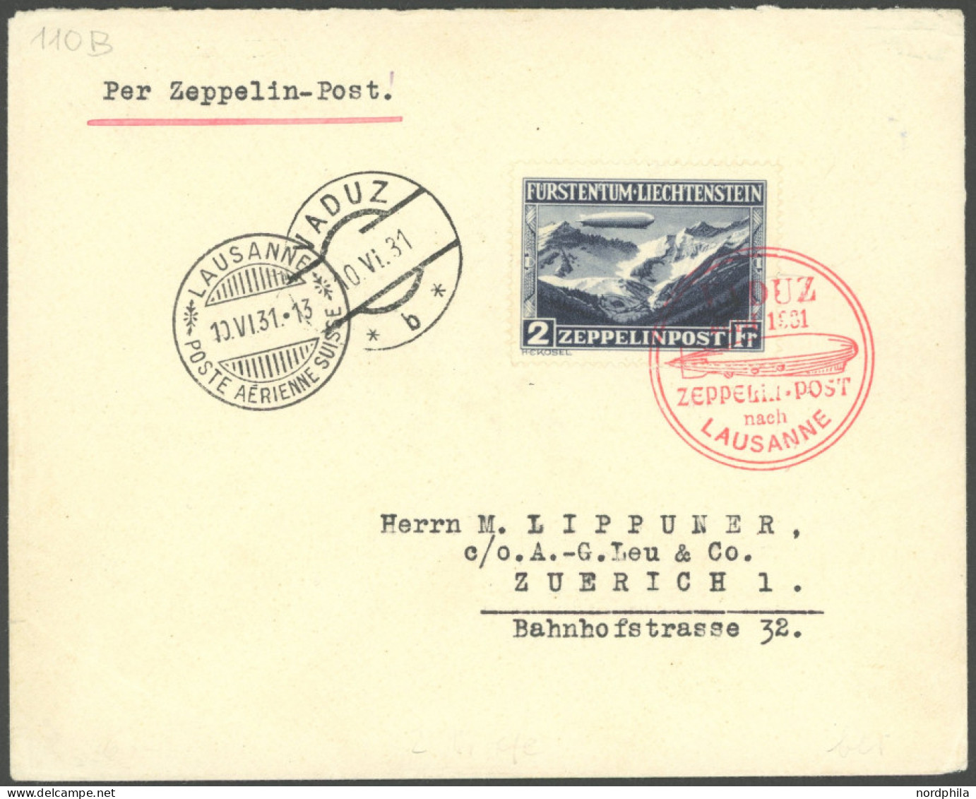 ZULEITUNGSPOST 110B BRIEF, Liechtenstein: 1931, Fahrt Nach Vaduz, Frankiert Mit Sondermarke 2 Fr., Prachtbrief - Poste Aérienne & Zeppelin