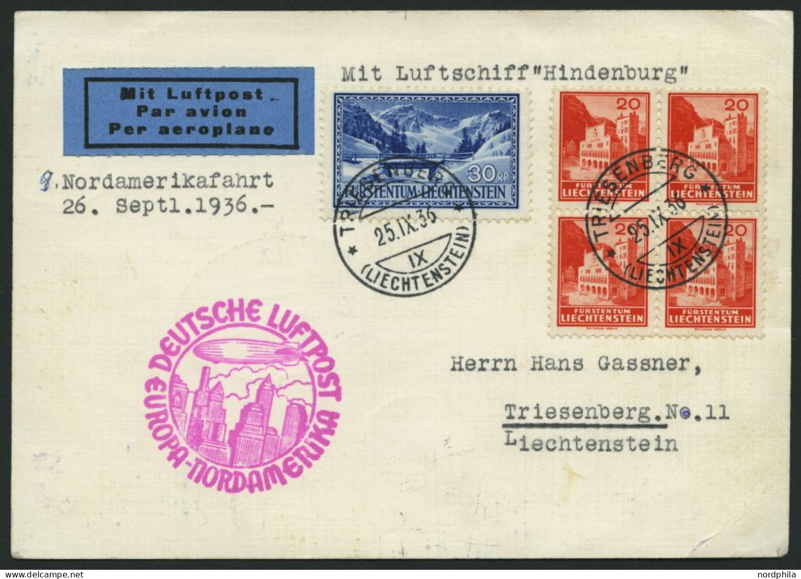 ZULEITUNGSPOST 439 BRIEF, Liechtenstein: 1936, 9. Nordamerikafahrt, Karte Feinst - Zeppeline