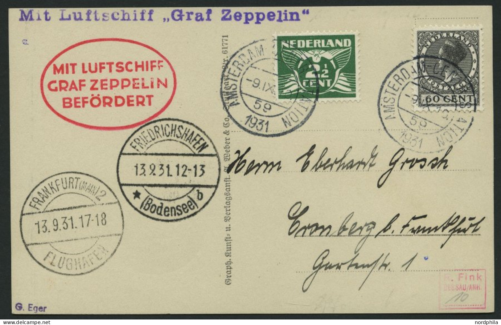 ZULEITUNGSPOST 128 BRIEF, Niederlande: 1931, Fahrt Öhringen-Frankfurt, Prachtkarte - Zeppelins