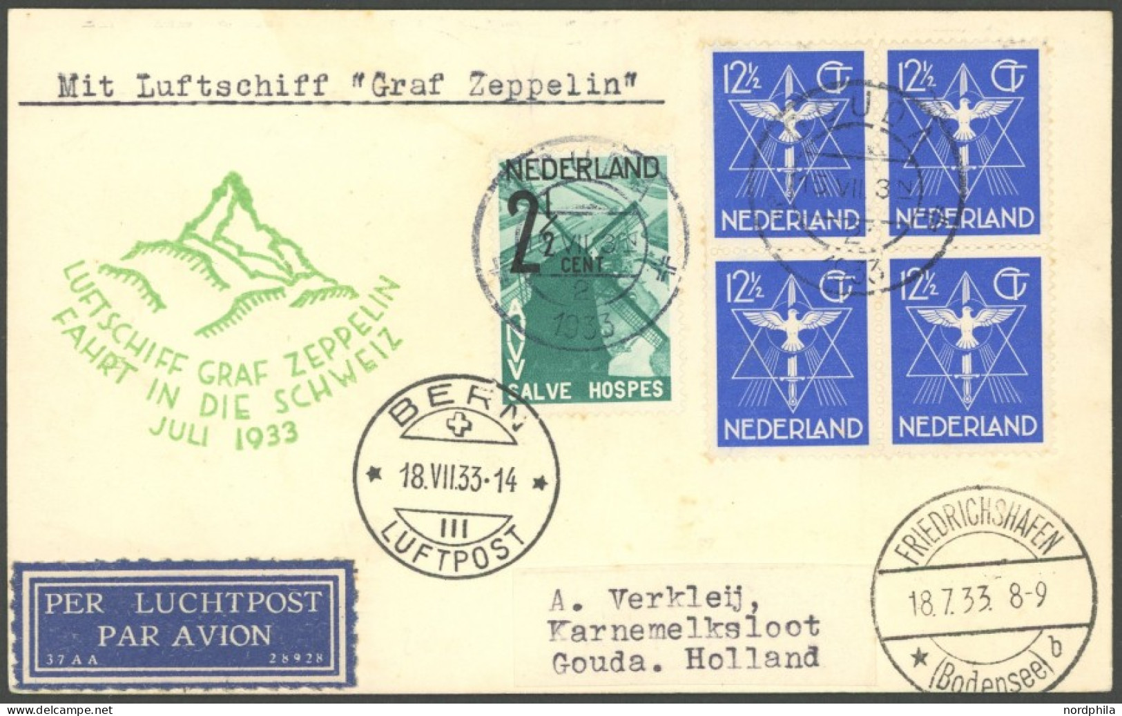 ZULEITUNGSPOST 222 BRIEF, Niederlande: 1933, Schweizfahrt, Abwurf Bern, Prachtkarte - Luchtpost & Zeppelin
