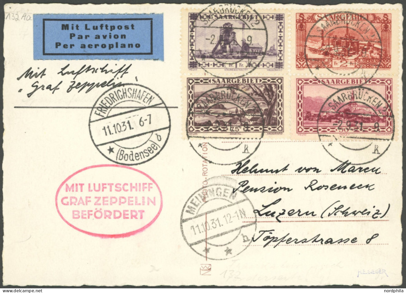 ZULEITUNGSPOST 132 BRIEF, Saargebiet: 1931, Fahrt Nach Meiningen, In Die Schweiz, Prachtkarte, Gepr. Sieger - Luft- Und Zeppelinpost