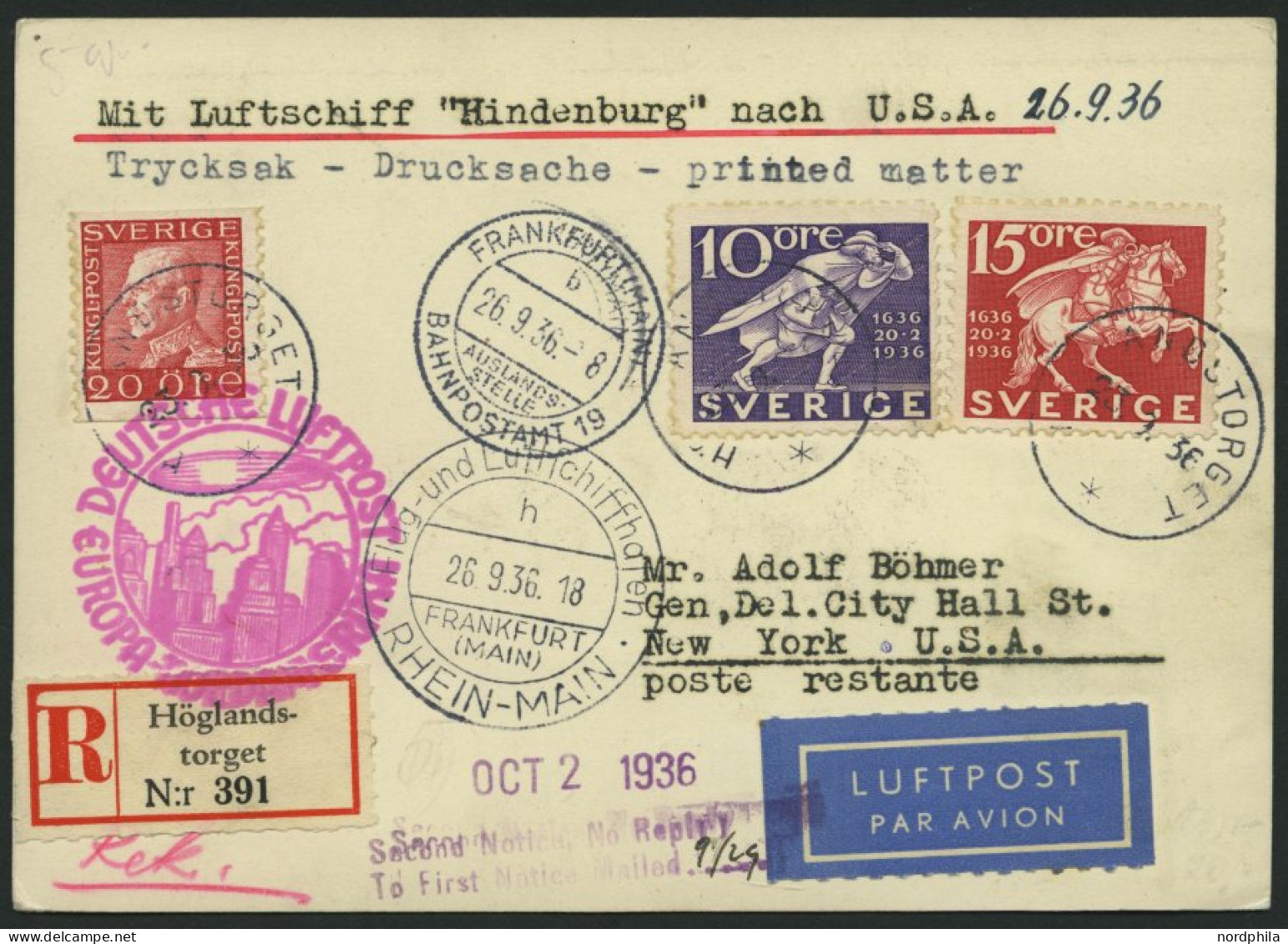 ZULEITUNGSPOST 439 BRIEF, Schweden: 1936, 9. Nordamerikafahrt, Einschreibkarte, Pracht - Zeppeline