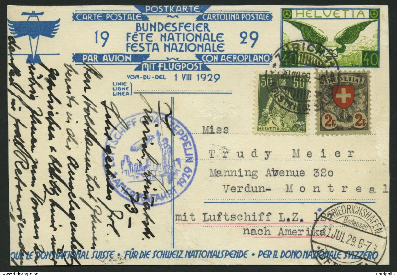 ZULEITUNGSPOST 27 BRIEF, Schweiz: 1929, 1. Nordamerikafahrt, Ohne Verzögerungsstempel, Prachtkarte - Zeppelins