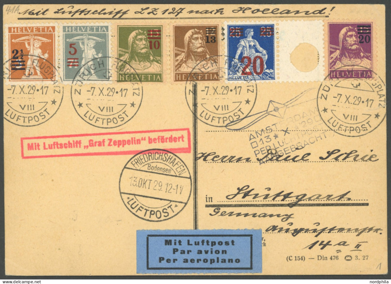 ZULEITUNGSPOST 41 BRIEF, Schweiz: 1929, Hollandfahrt, Karte Kleiner Einriss Mittig Rechts - Luft- Und Zeppelinpost