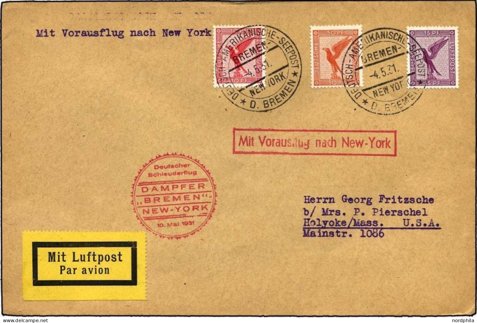 KATAPULTPOST 40b BRIEF, 10.5.1931, Bremen - New York, Seepostaufgabe, Prachtbrief - Lettres & Documents