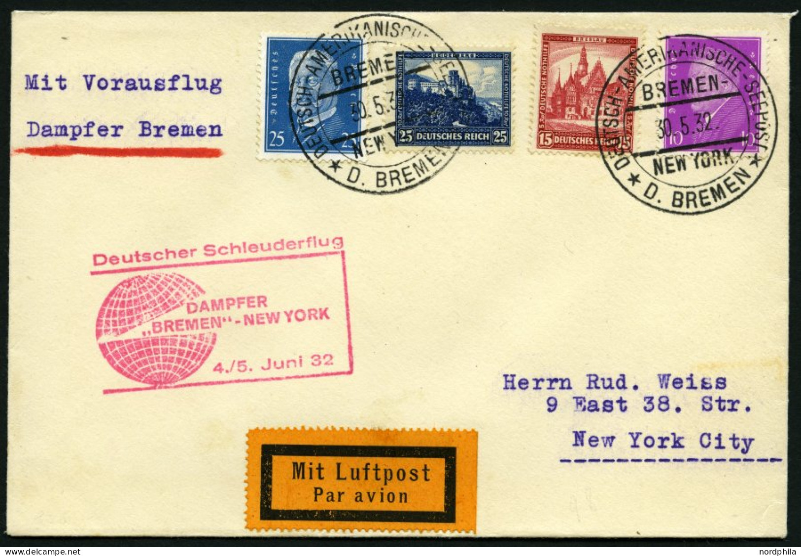 KATAPULTPOST 83b BRIEF, 5.6.1932, &quot,Bremen&quot, - New York, Seepostaufgabe, Frankiert U.a. Mit Mi.Nr. 461, Prachtbr - Brieven En Documenten