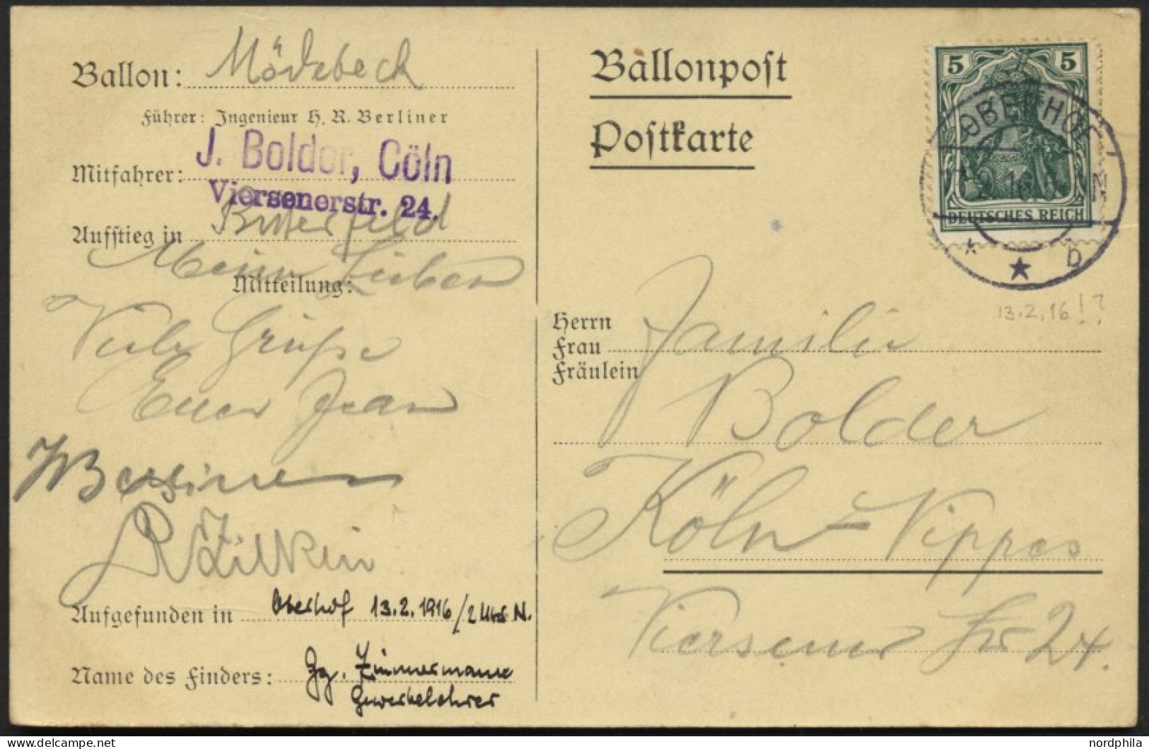 BALLON-FAHRTEN 1897-1916 13.2.1916, Berliner Verein Für Luftschiffahrt, Abwurf Vom Ballon MÖDEBECK, Postaufgabe In Oberh - Fesselballons