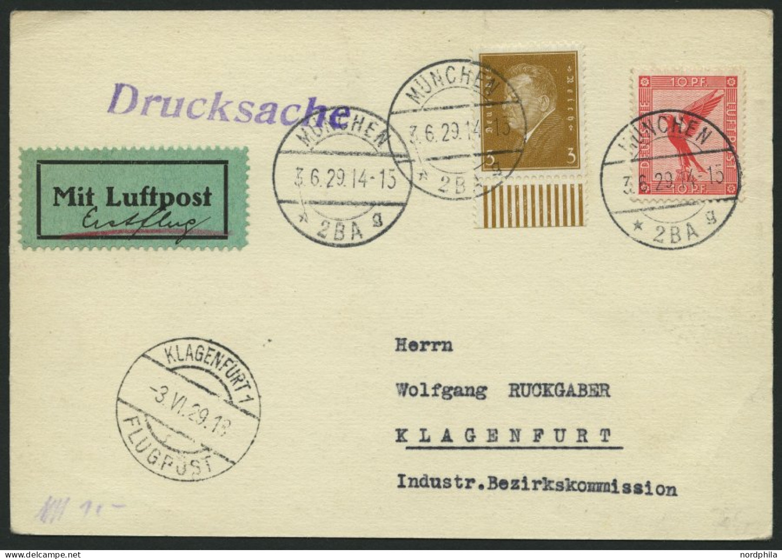 ERST-UND ERÖFFNUNGSFLÜGE 29.18.02 BRIEF, 3.6.1929, München-Klagenfurth, Prachtkarte - Zeppelins