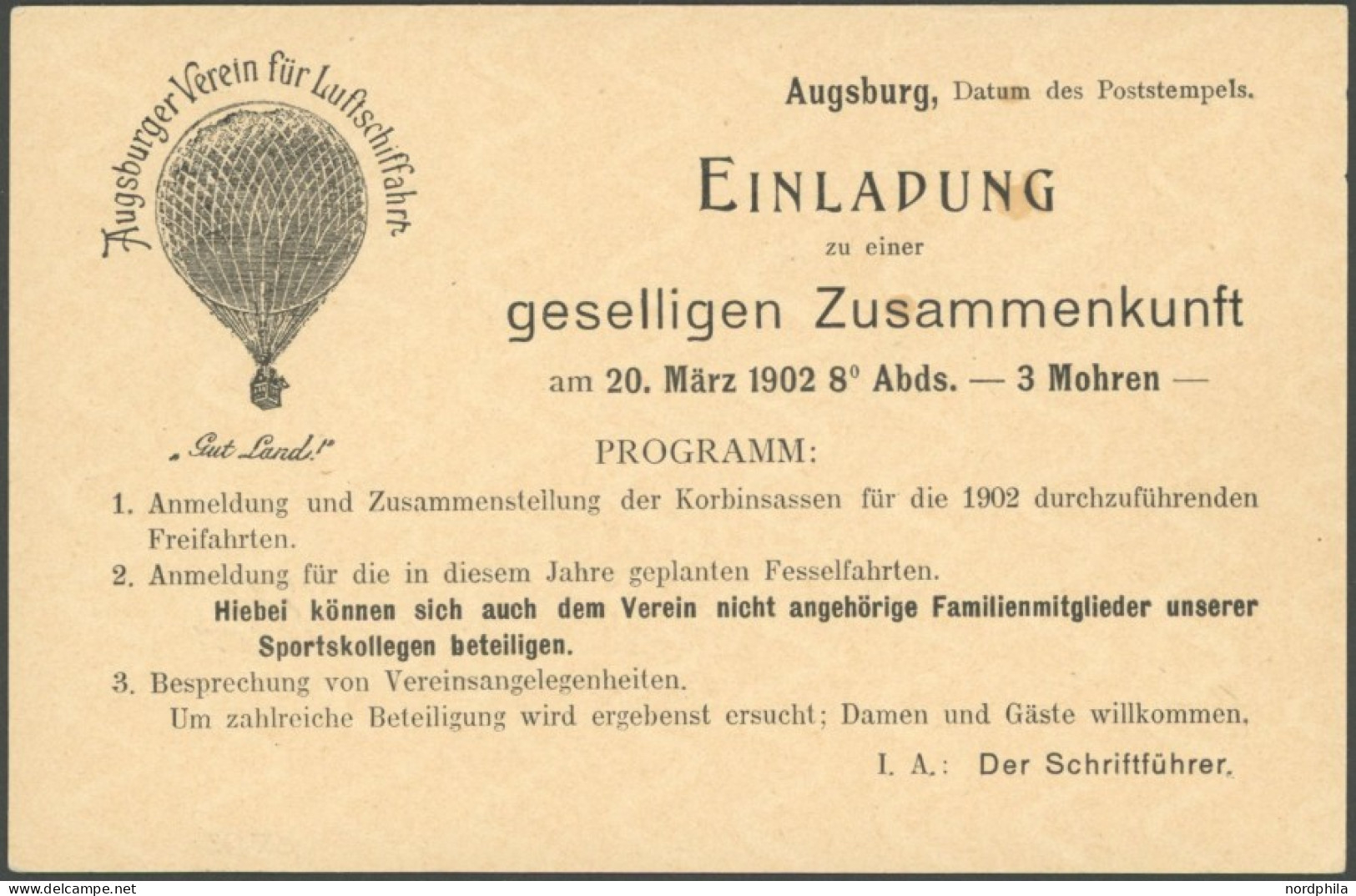 ALTE ANSICHTSKARTEN 1902, Augsburger Verein Für Luftschifffahrt, Einladung Zur Geselligen Zusammenkunft, 2 Pf. Bayern Ga - Sonstige & Ohne Zuordnung