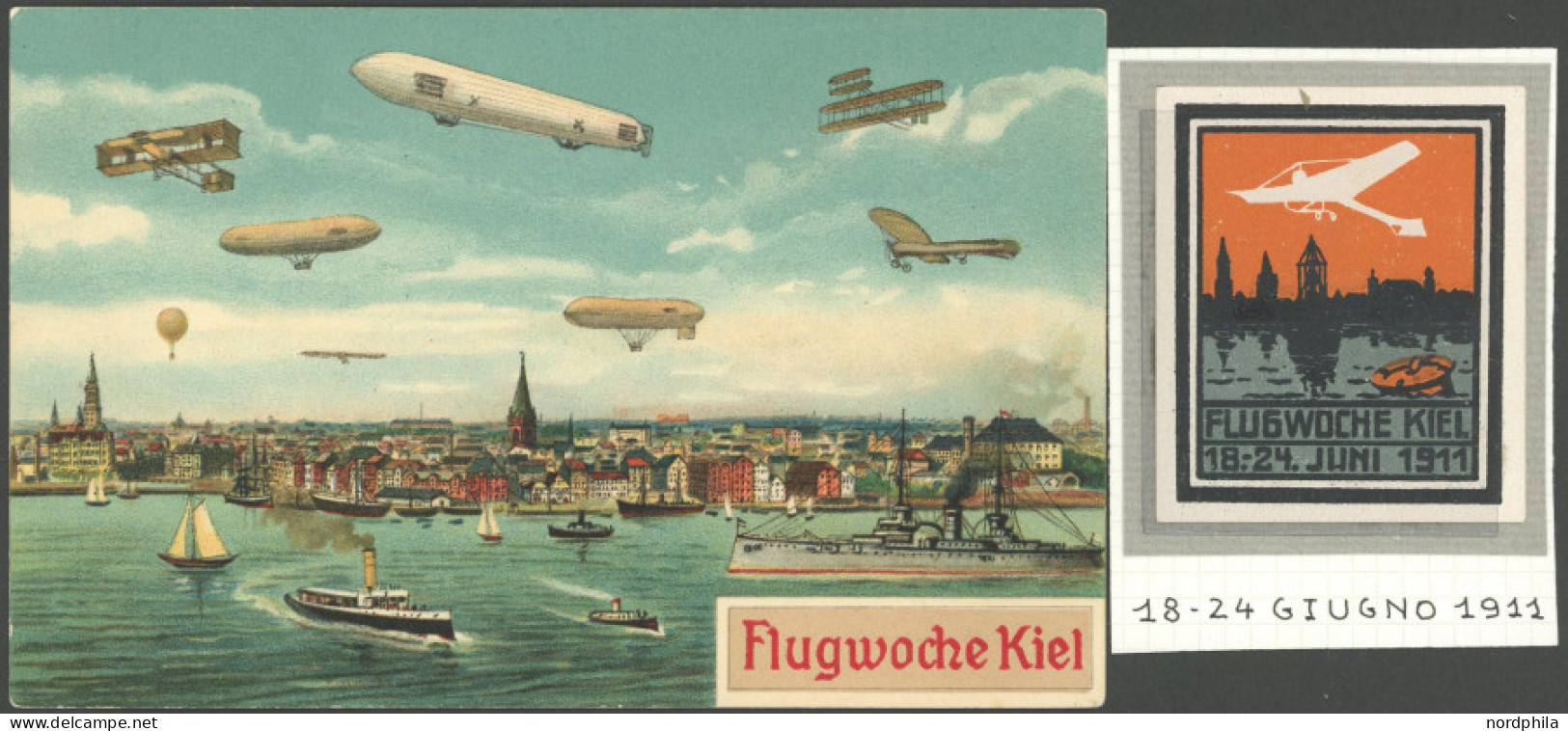 ALTE ANSICHTSKARTEN 1911, Flugwoche Kiel 18.-24. Juni, Farbige Sonderkarte Nr. 3 Mit 8 Verschiedenen Flugobjekten, Ungeb - Autres & Non Classés