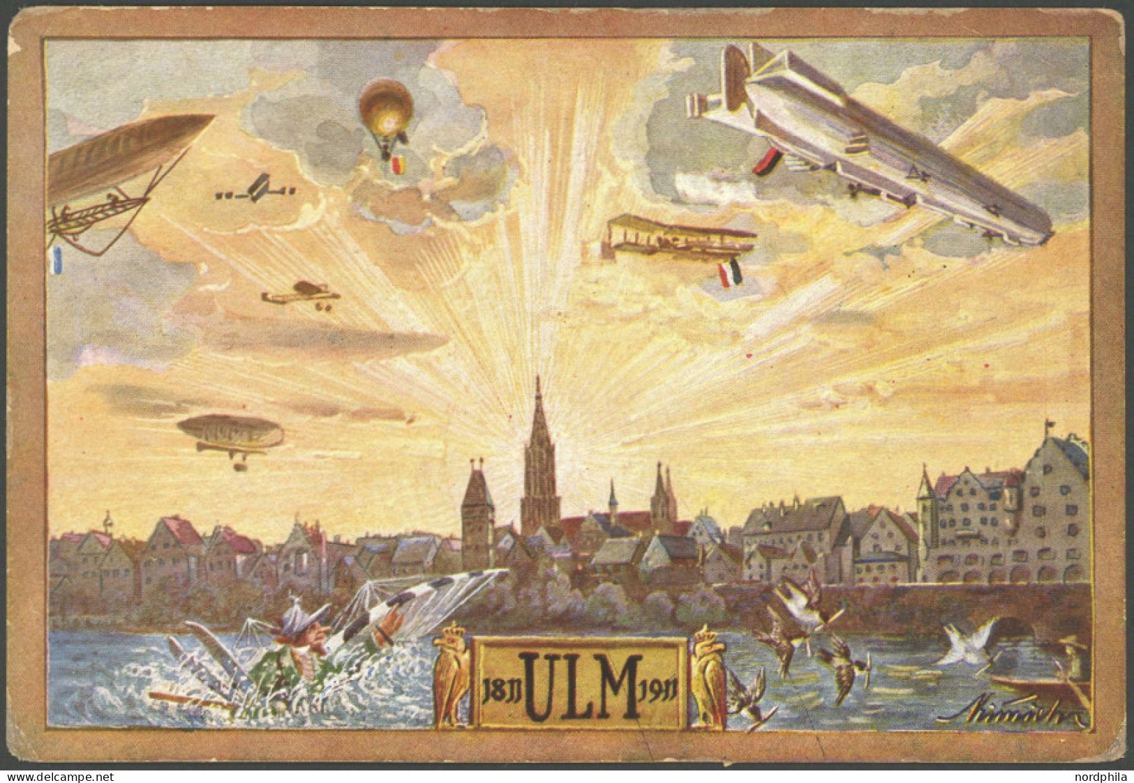 ALTE ANSICHTSKARTEN 1911, Überlandflug Esslingen-Ulm-Friedrichshafen, Künstler Sonderkarte Schneider Von Ulm Mit 7 Fluga - Autres & Non Classés