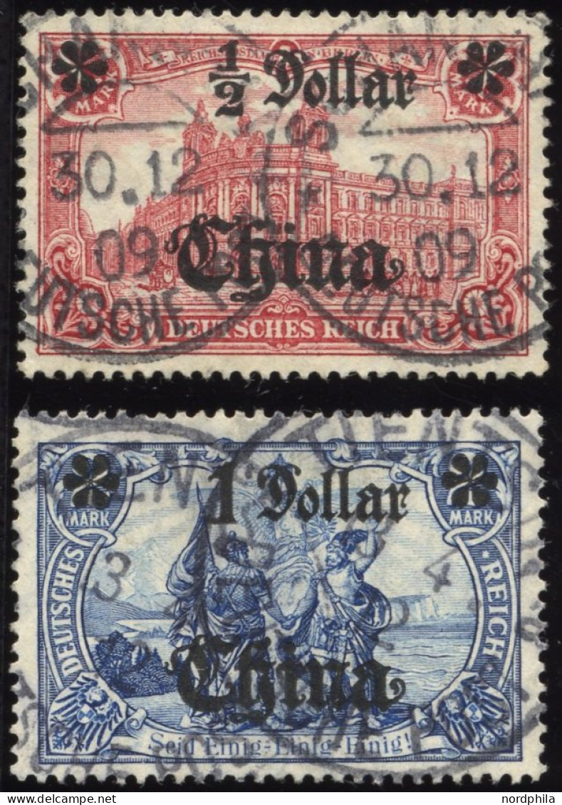 DP CHINA 44IAI,45IAII O, 1906/7, 1/2 D. Auf 1 M. Und 1 D. Auf 2 M., Mit Wz., Friedensdruck, 2 Werte üblich Gezähnt Prach - Deutsche Post In China