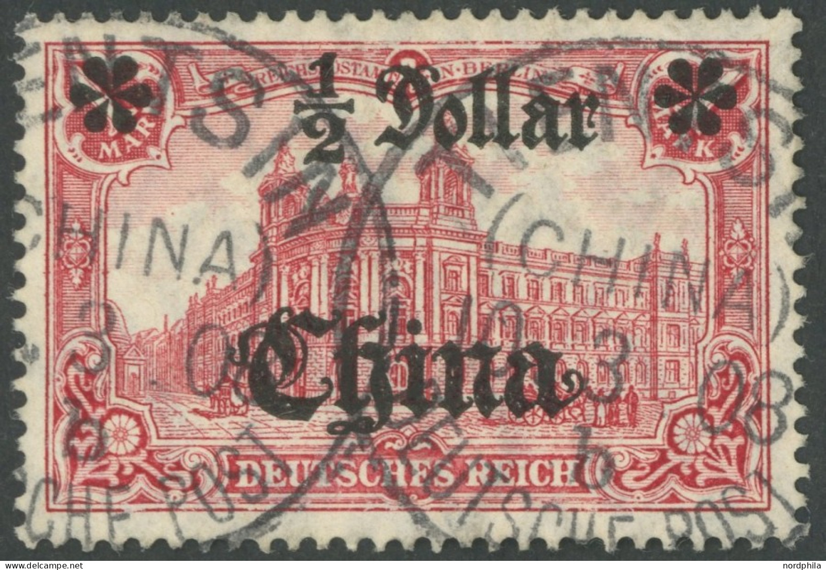 DP CHINA 44IAI O, 1906, 1/2 D. Auf 1 M., Mit Wz., Friedensdruck, Abstand 9 Mm, Stempel TIENTSIN B, Pracht - Deutsche Post In China