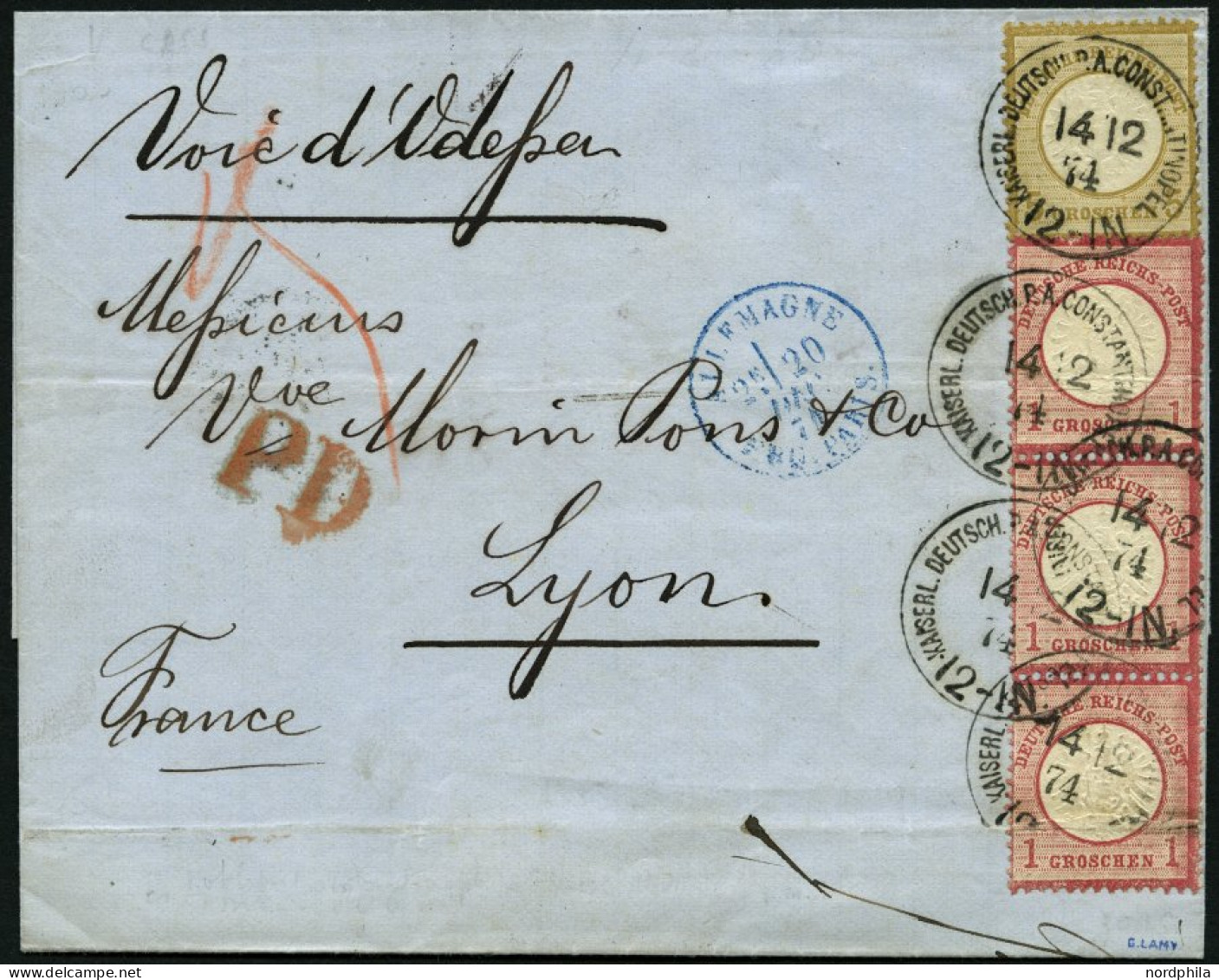 DP TÜRKEI V 19,22 BRIEF, 14.2.1874, 1 Gr. Im Senkrechten Dreierstreifen (2 Marken Waagerechte Reg.-Bugspuren) Und 5 Gr.  - Deutsche Post In Der Türkei