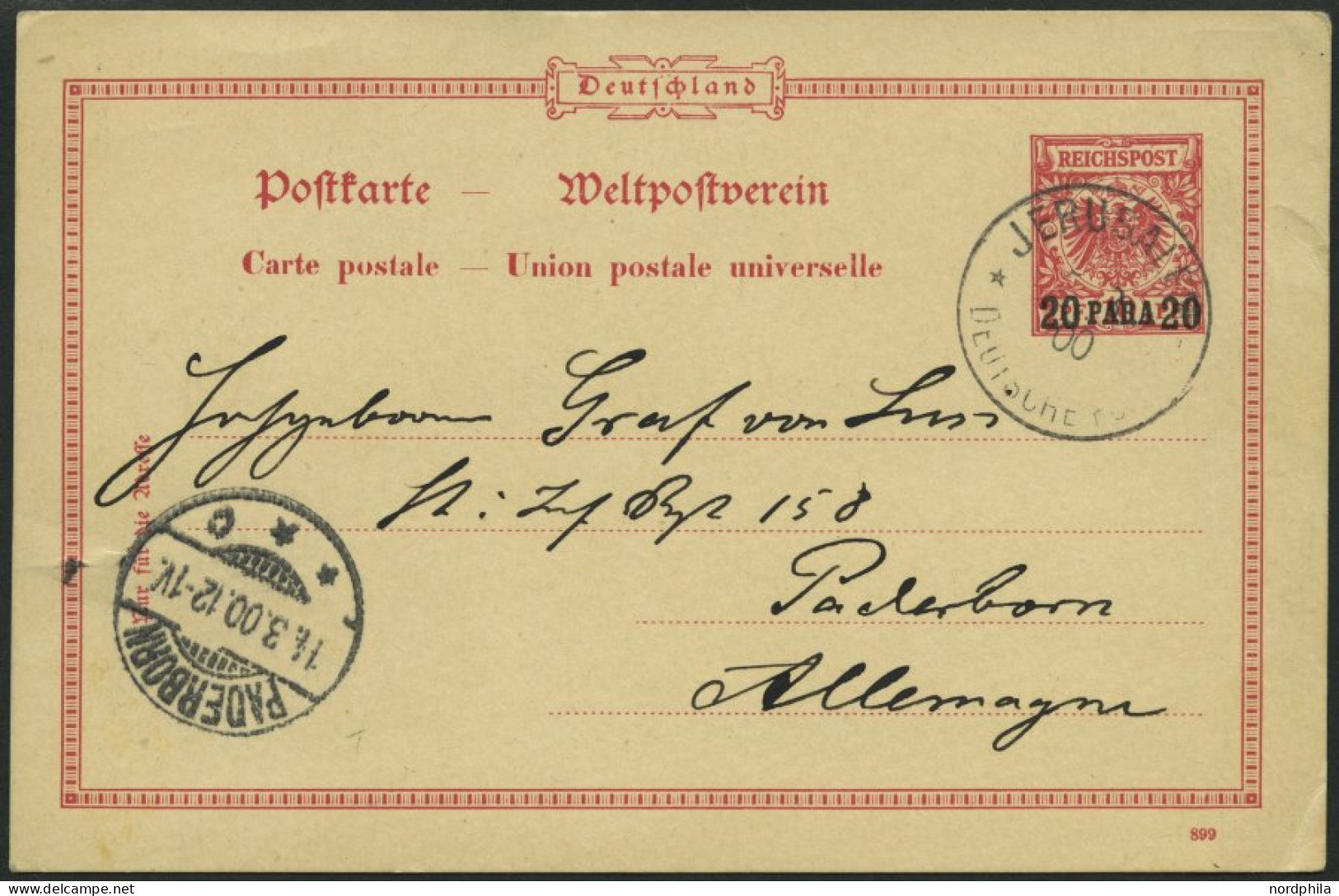 DP TÜRKEI P 5 BRIEF, 1900, 20 PA. Auf 10 Pf. Rosa Mit Unbeschädigtem Stempel JERUSALEM 5.3.00 Nach Deutschland, Pracht - Deutsche Post In Der Türkei