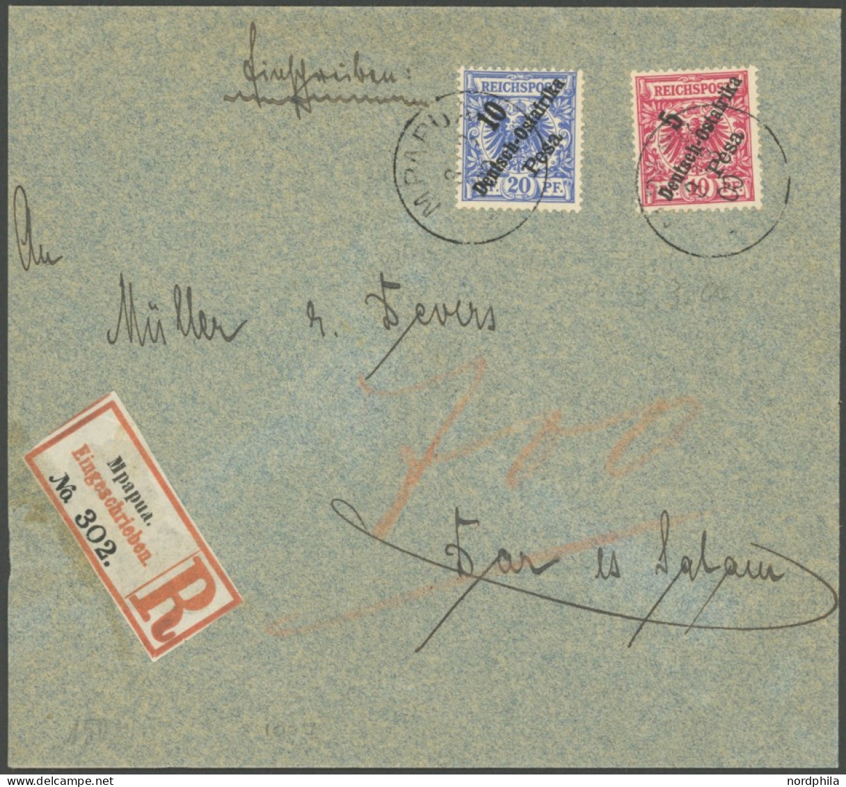 DEUTSCH-OSTAFRIKA 8/9 BRIEF, 1900, 5 P. Auf 10 Pf. Und 10 P. Auf 20 Pf., K1 MPAPUA, Auf Einschreibbrief Nach Dar Es Sala - África Oriental Alemana