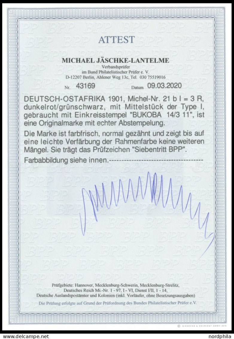 DEUTSCH-OSTAFRIKA 21bI O, 1901, 3 R. Dunkelrot/grünschwarz, Ohne Wz., Mit Plattenfehler Rahmenzeichnung Type III Und Mit - Duits-Oost-Afrika