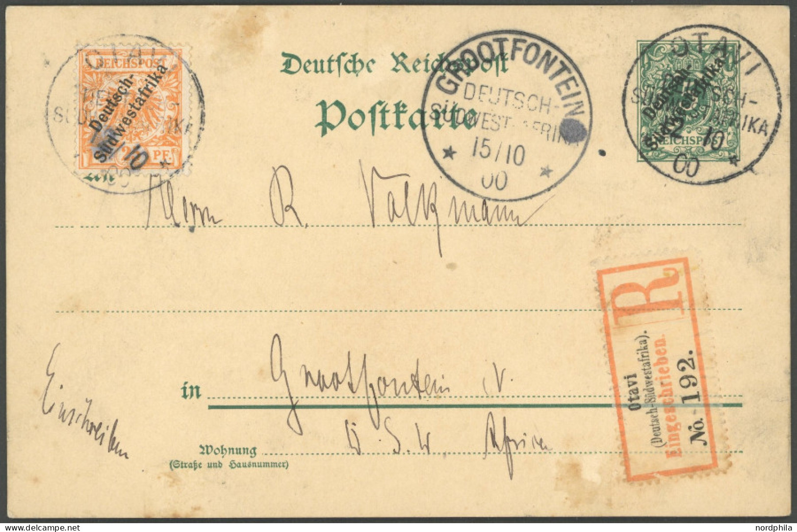 DSWA 9a BRIEF, 1900, 25 Pf. Gelborange Auf 5 Pf. Ganzsachenkarte (P5), Einschreibkarte Von OTAVI Nach Grootfontein, Fein - Deutsch-Südwestafrika