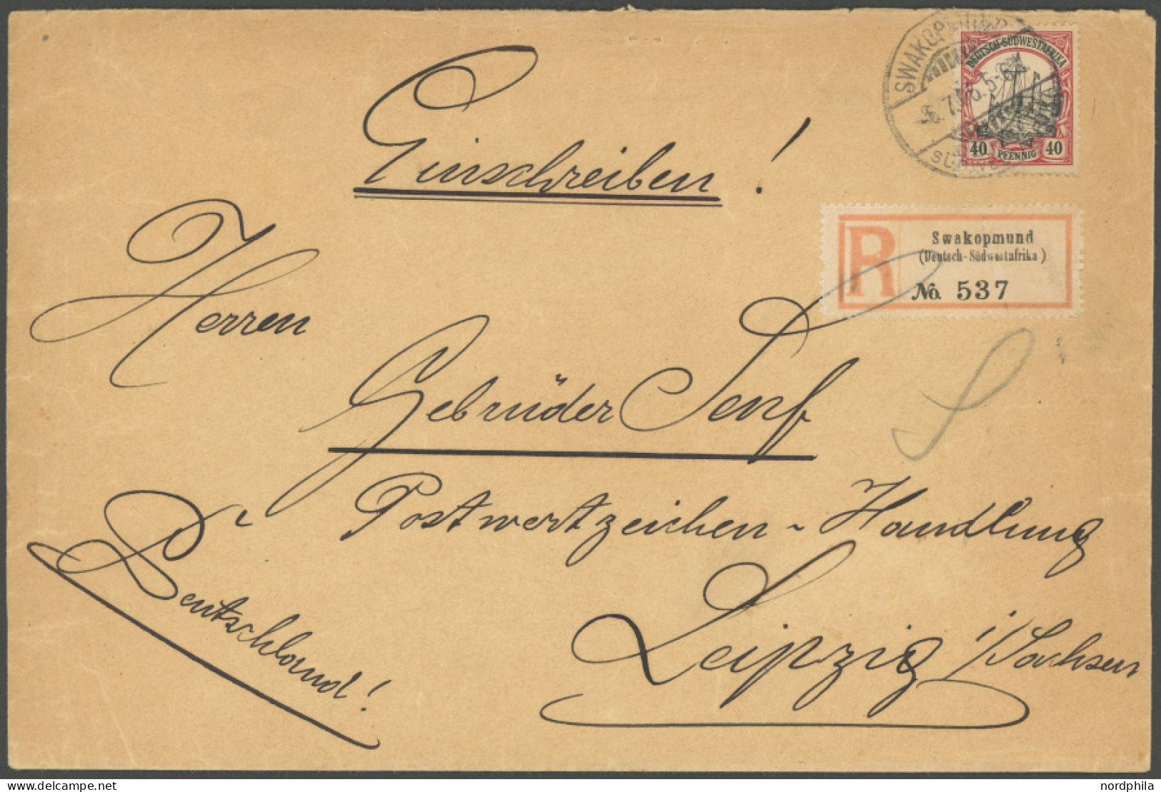 DSWA 17 BRIEF, 1906, 40 Pf. Karmin/schwarz, Einzelfrankatur Auf Einschreibbrief Von SWAKOPMUND Nach Leipzig, Leichte Bed - German South West Africa