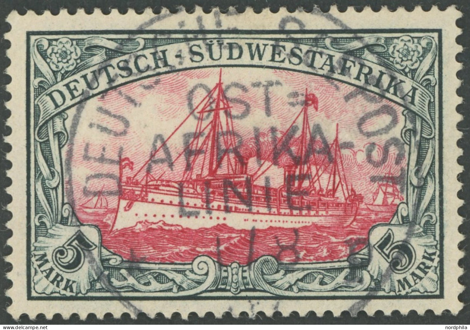 DSWA 23 O, 1901, 5 M. Grünschwarz/bräunlichkarmin, Ohne Wz., Zentrischer Seepoststempel OST AFRIKALINIE P, Feinst, Gepr. - Deutsch-Südwestafrika