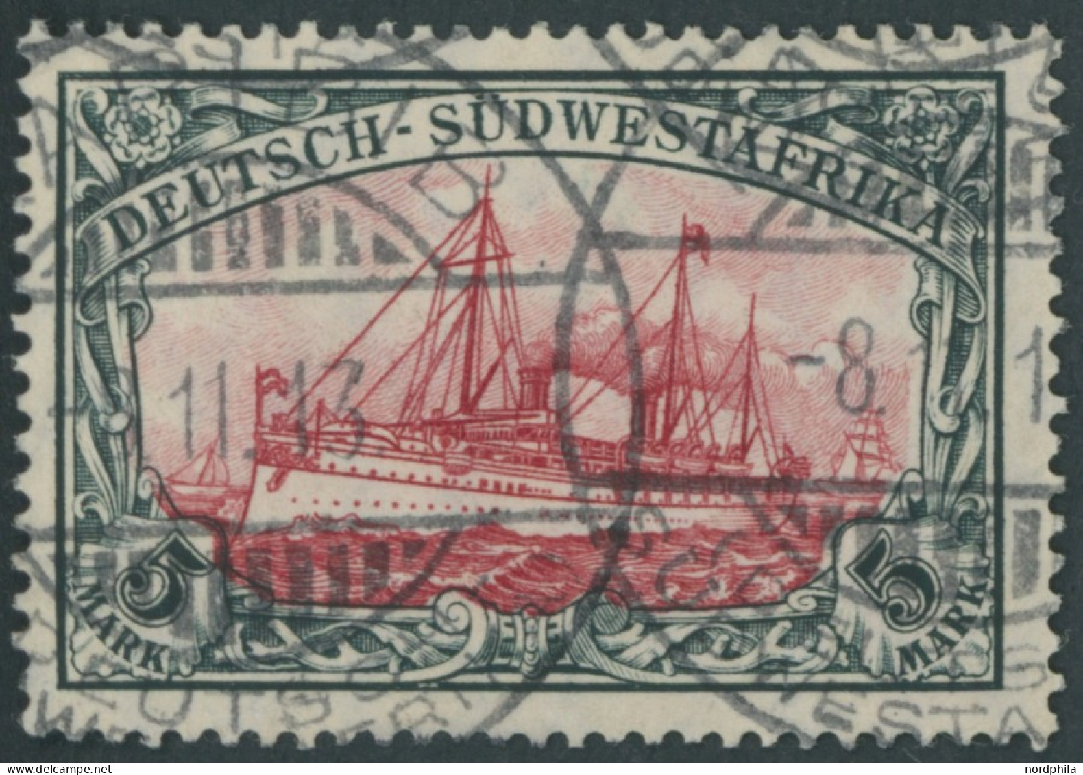 DSWA 32Aa O, 1906, 5 M. Grünschwarz/dunkelkarmin, Mit Wz., Gelblichrot Quarzend, Normale Zähnung, Pracht, Gepr. Bothe, M - German South West Africa