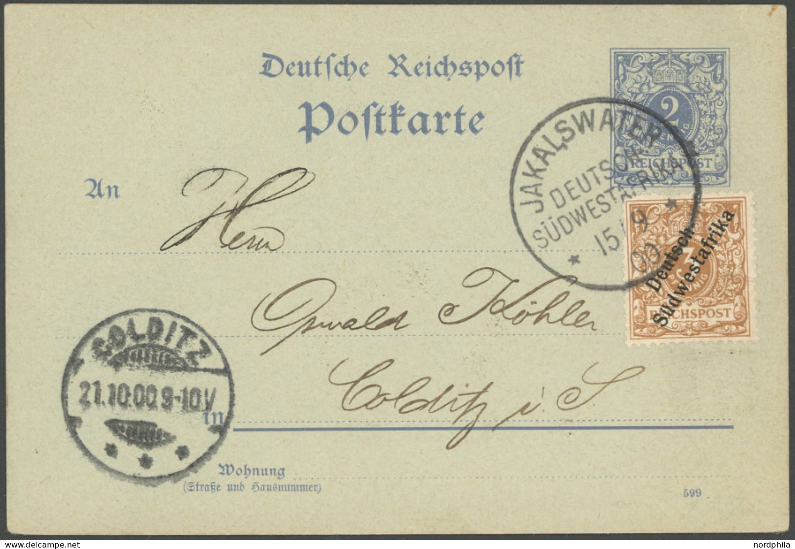 DSWA 5b BRIEF, JAKALSWATER, 15.9.00, Auf 2 Pf. Dt.Reich Ganzsachenkarte (P 40) Mit 3 Pf. Zusatzfrankatur, Portogerecht N - German South West Africa