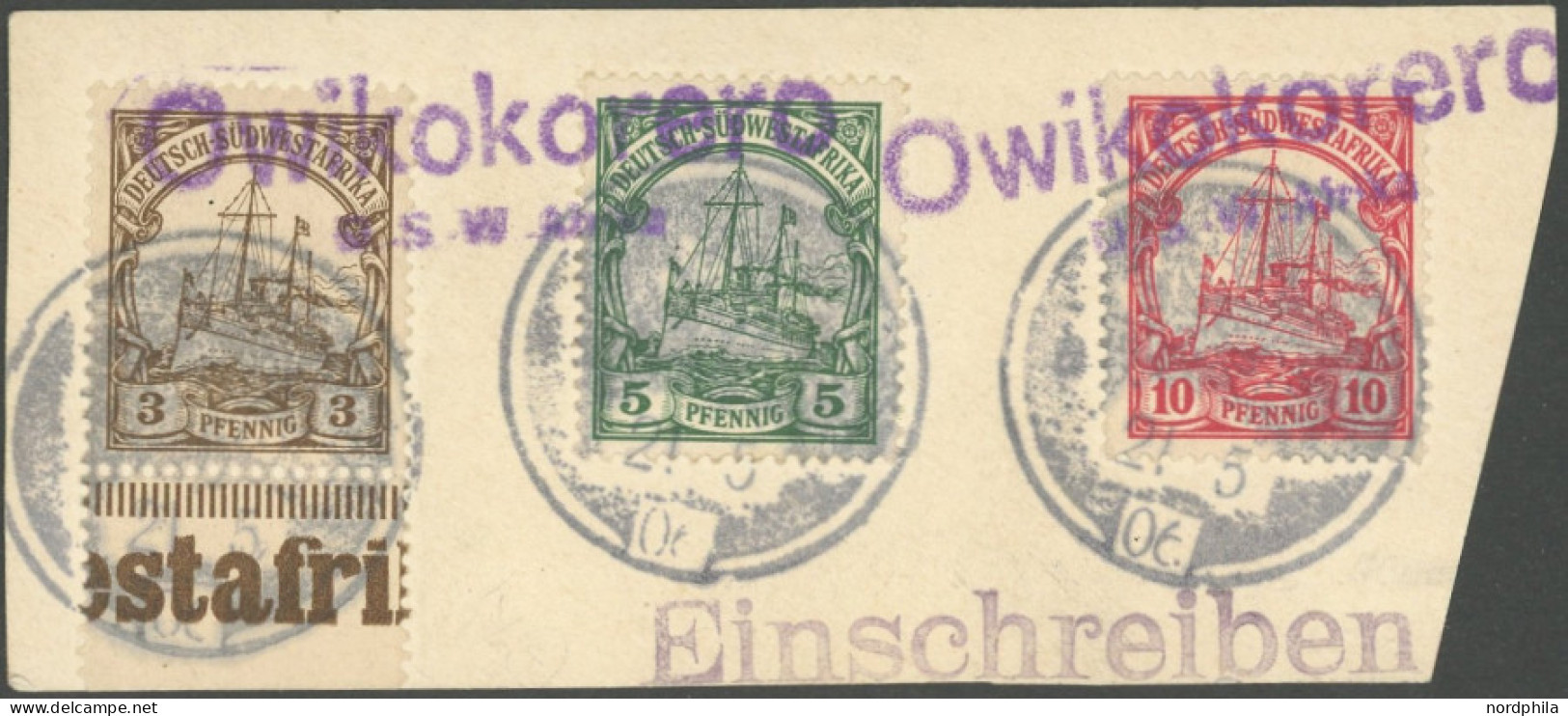 DSWA 11-13 BrfStk, Owikokorero, 21.5.06, Violetter Gummistempel Auf Briefstück Mit 3 - 10 Pf. , Pracht, Gepr. Bothe - German South West Africa
