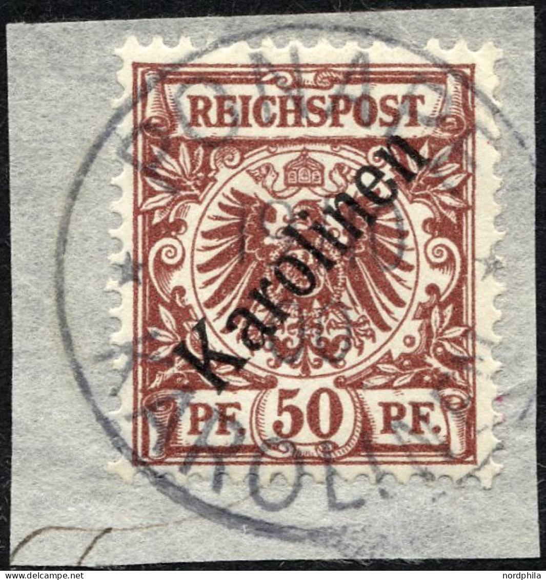 KAROLINEN 6I BrfStk, 1899, 50 Pf. Diagonaler Aufdruck, Stempel PONAPE, Prachtbriefstück, Fotoattest Steuer Mi. (1800.-) - Karolinen