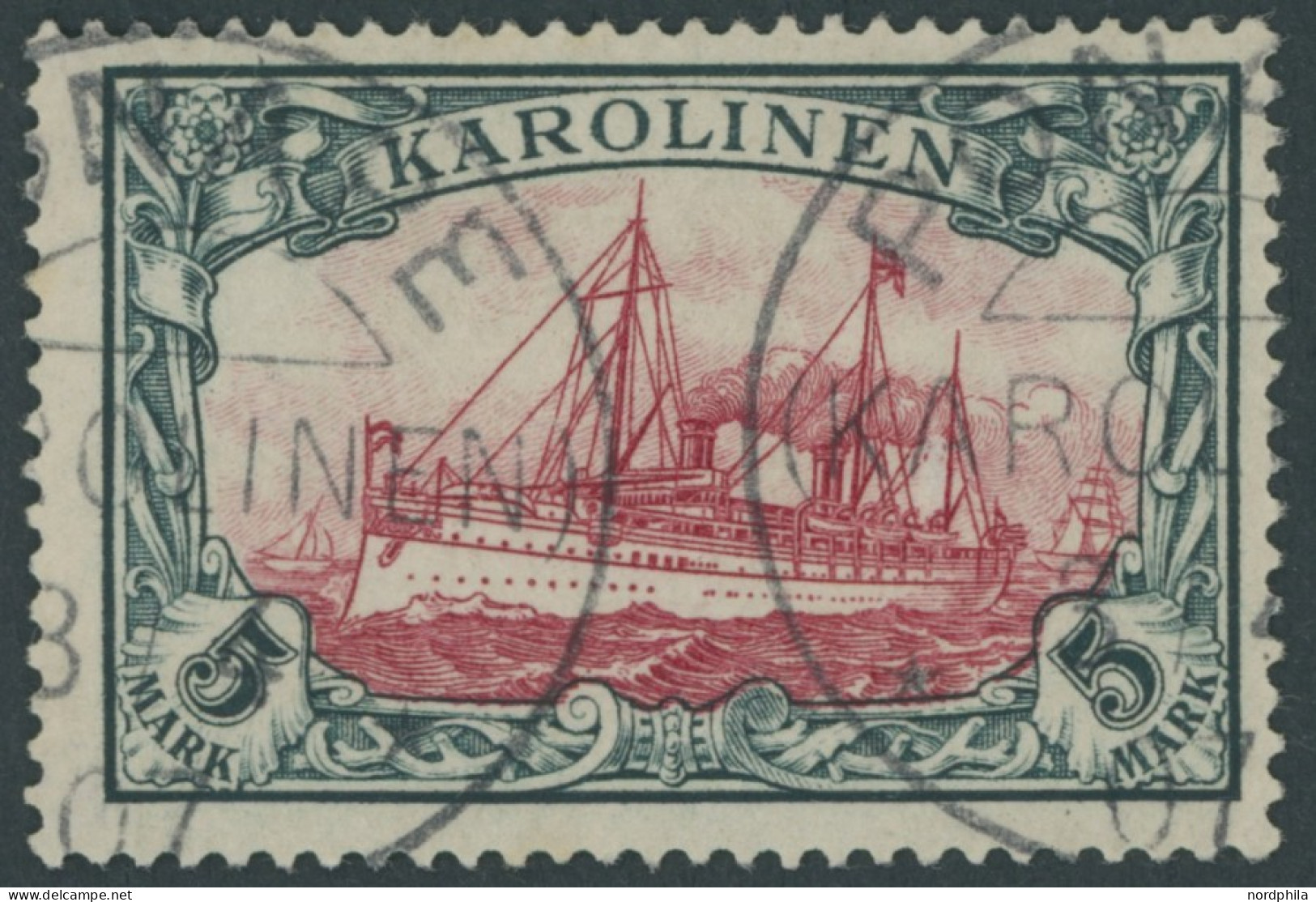 KAROLINEN 19 O, 1900, 5 M. Grünschwarz/dunkelkarmin, Ohne Wz., Stempel PONAPE, Pracht, Mi. 600.- - Caroline Islands