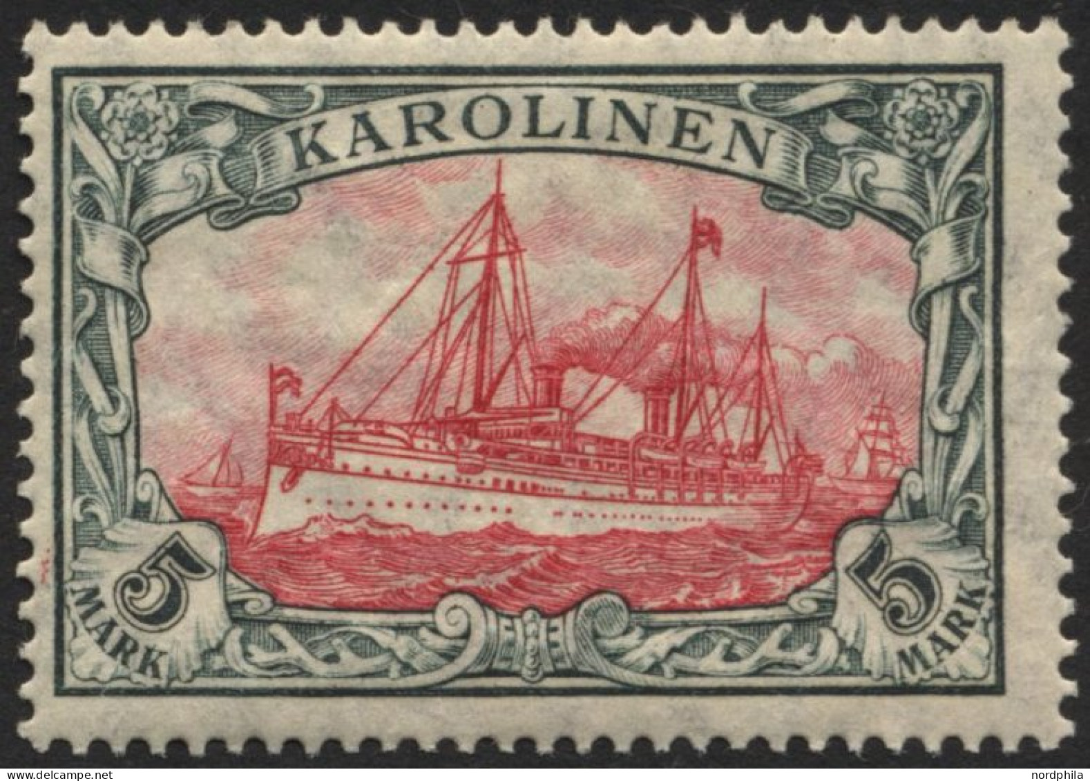 KAROLINEN 22IA , 1915, 5 M. Grünschwarz/dunkelkarmin, Mit Wz., Friedensdruck, Falzrest, Pracht, Gepr. Jäschke-L., Mi. 24 - Carolinen