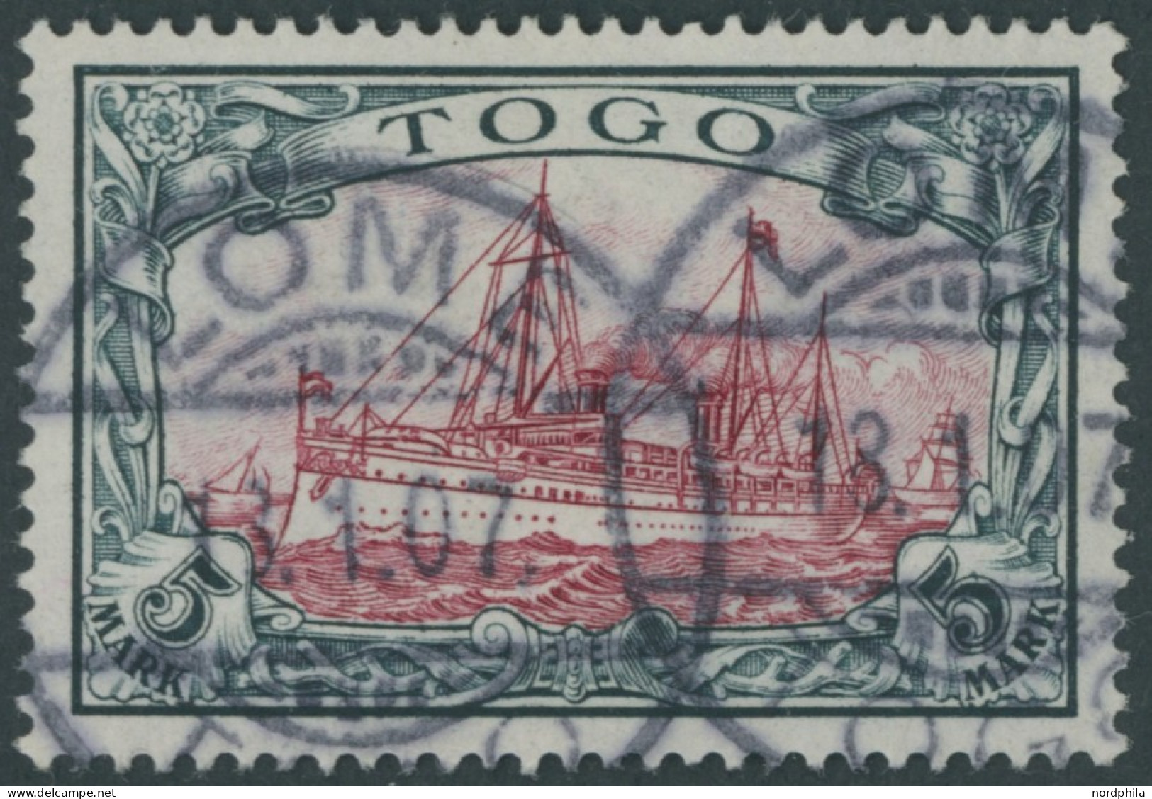 TOGO 19I O, 1900, 5 M. Grünschwarz/bräunlichkarmin, Ohne Wz., Mit Plattenfehler Wolke (Retusche) Zwischen Den Halteseile - Togo