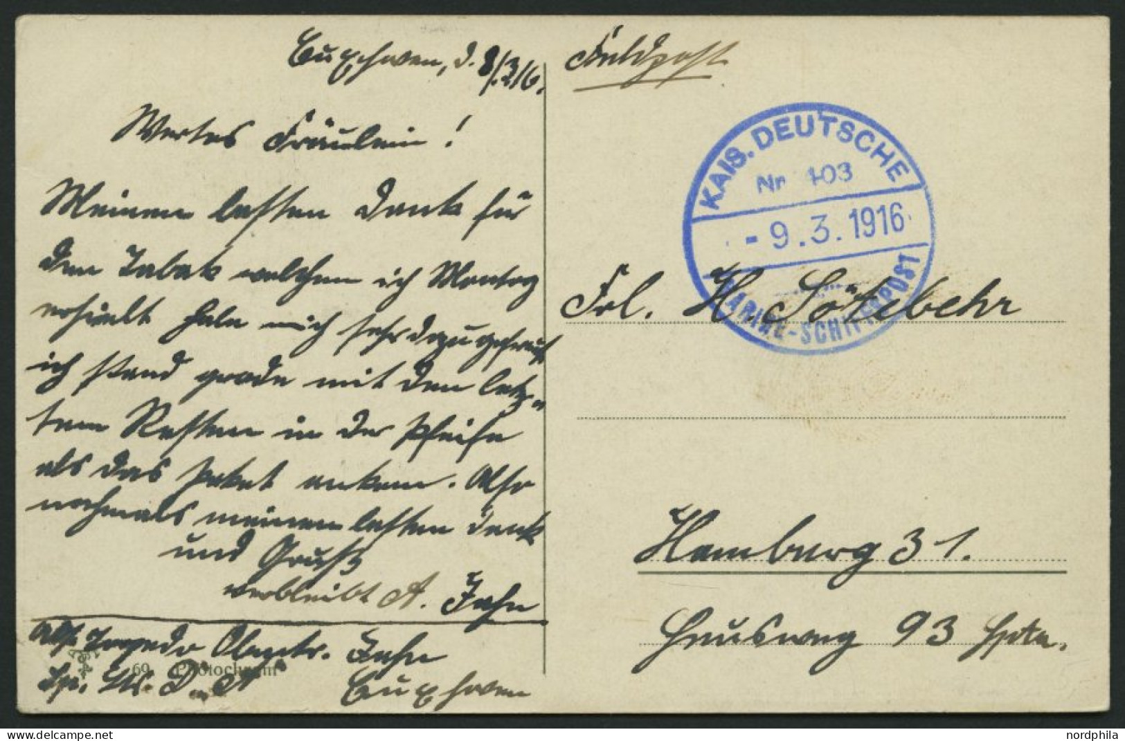 MSP VON 1914 - 1918 403 (Sperrfahrzeugdivision Der Elbe) In Blau, 9.3.1916, Feldpostkarte Von Bord Eines Sperrfahrzeuges - Maritiem
